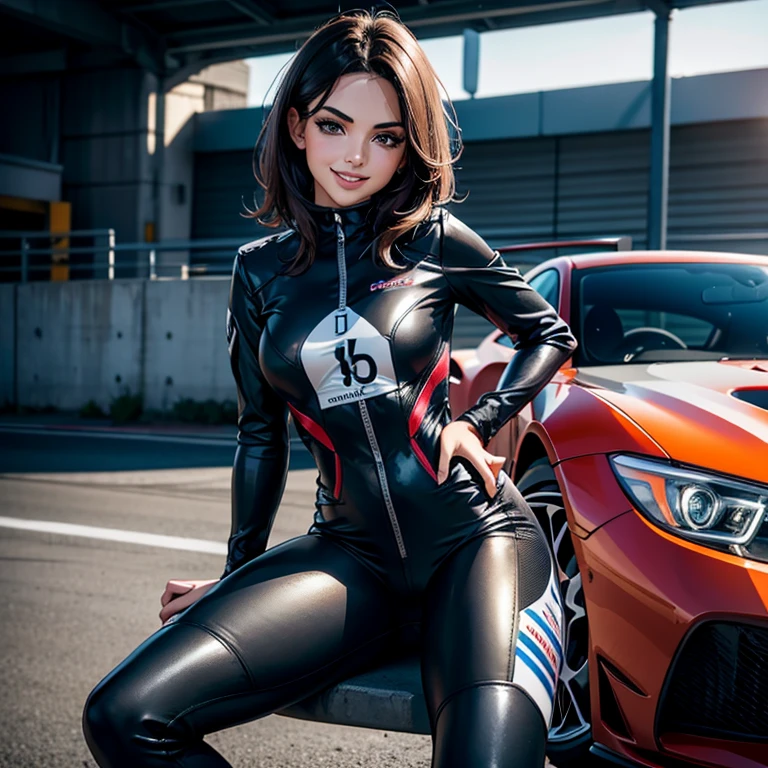 A girl wearing a driving suit , Sit on a car, Race Queen,, Racetrack, blushing face , Dark Hair (Best quality:1.1), (Masterpiece:1.4), 1fille, (cheveux volumineux)+ , ((cheveux)++, cheveux longs , (Yeux Bleux) , (big lips)+, peau brillante, brillant, Lovely Smile, Detailled car, High resolution