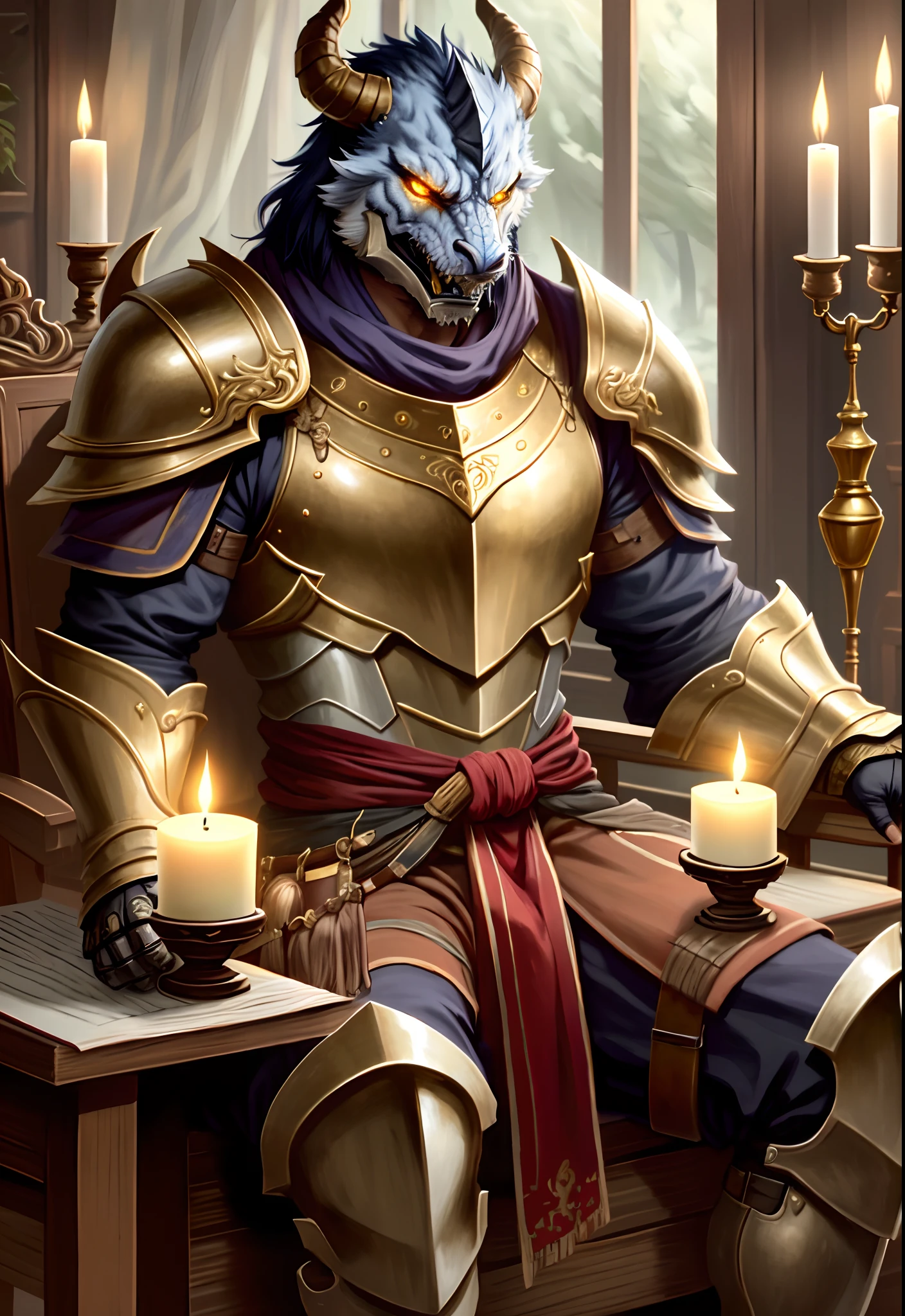 beautiful gold dragonborn, solo, yellow eyes, male, sitting, male focus, horns, teeth, indoors, armor, book, glowing, sharp teeth, shoulder armor, gauntlets, pauldrons, candle, ((masterpiece, best quality)), muscle, ki, monk, barbarian