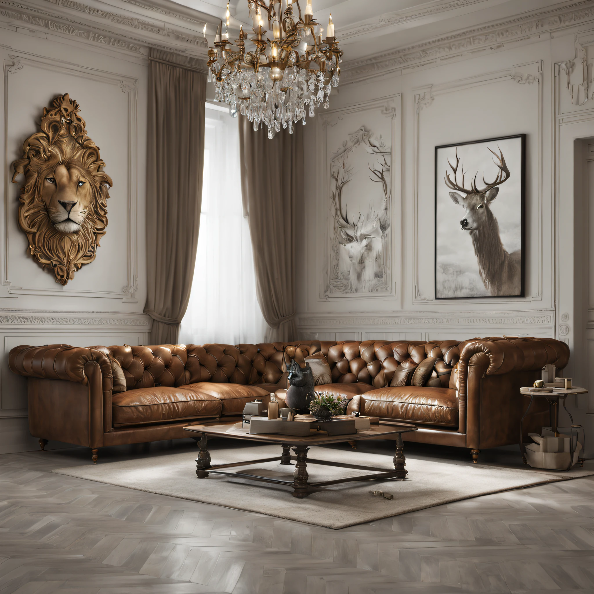 rich man's house, leather sofa, chandelir, hunting trophies, octane render, white wall, ultra details, interior design, 8 k , AF CHALK on teh wall
