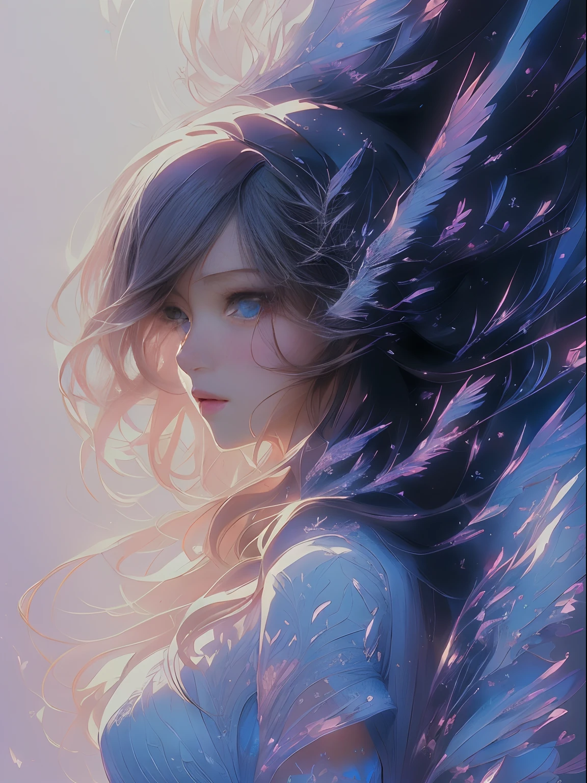 (anime),(cute)(masterpiece), (best quality),1girls,upper body,(double exposure:1.2),(simple background:1), (cinematic angle),(dynamic angle),messy long hair,(low contrast),(flat color:0.7)