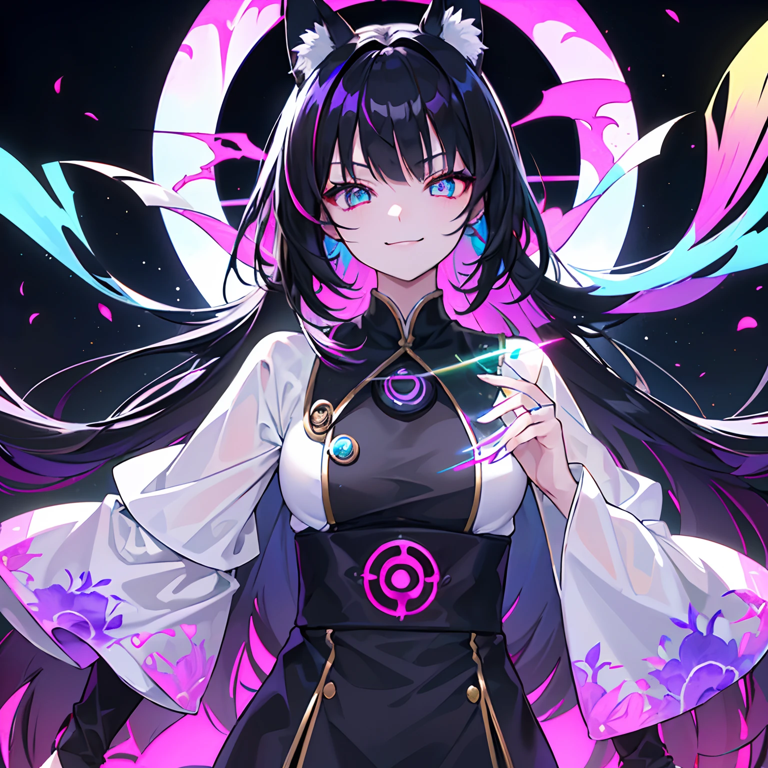 ((top-quality)), ((ultra-detailliert)), girl with, 独奏,(((Delicat eyes))),((Upper body only))、Black hair,evil smile,(((Irridescent color)))stain glass、Fox ears and tail