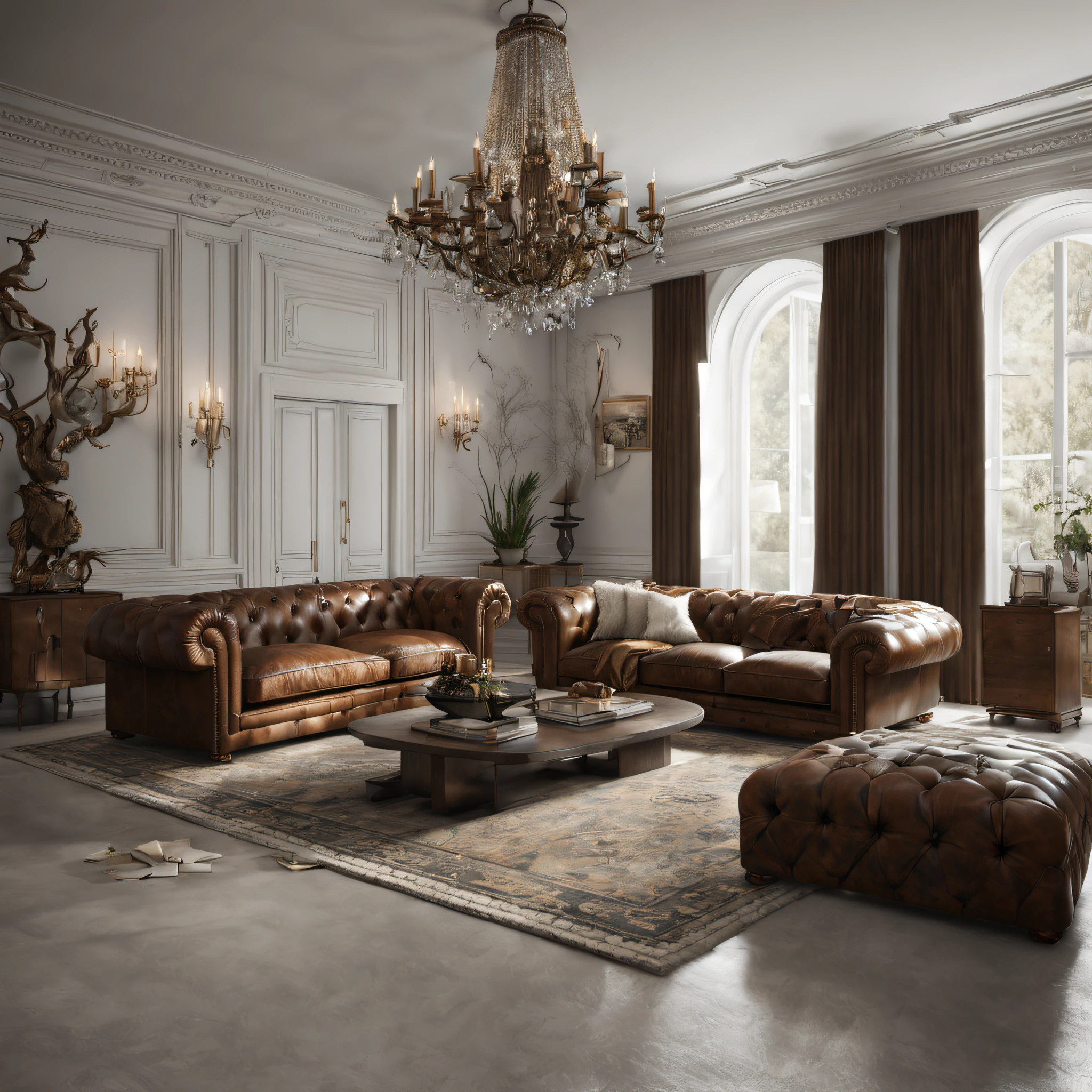 rich man's house, leather sofa, chandelir, hunting trophies, octane render, white wall, ultra details, interior design, 8 k , AF CHALK on teh wall