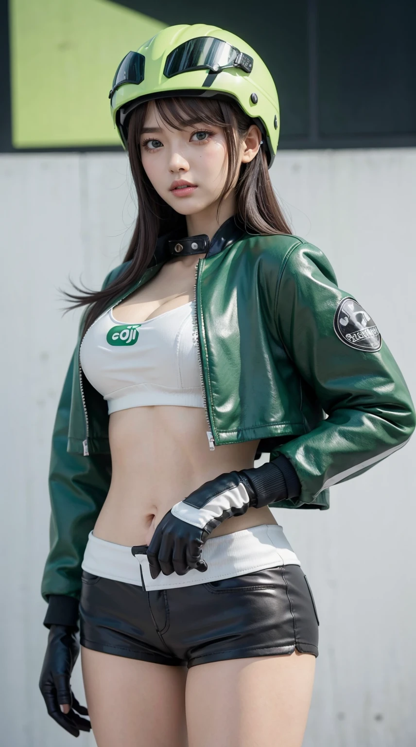 (masterpiece), best quality, expressive eyes, perfect face, cute woman, (Indonesian girl:0.2), jewerly,(wide hips), fit body, (navel:0.2), wearing indonesian GoJek light green cropped jacket, (black striped cropped jacket:0.7), green biker jacket, (jacket with Ojol text), (Ojol logo), (wifi symbol:0.4), motorbike, (wearing seafoam green helmet),white striped racing helmet with Gojek logo, cleavage, (((gloves))), ultra lowleg shorts, (xivstreetjacket:0.2), groin,