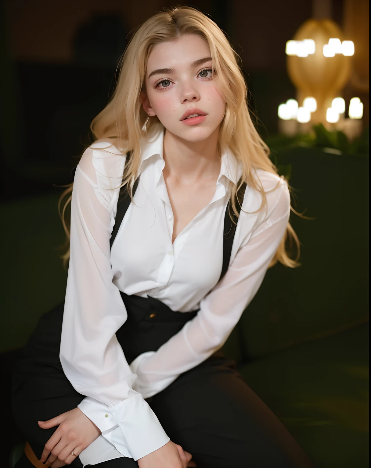 Mujer rubia con camisa blanca y pantalones negros sentada en un banco, Retrato Anya Taylor-Joy, Anastasia Ovchinnikova, anya taylor joy, Retrato de Anya Taylor-Joy, dressed anya taylor - joy, Yelena Belova, Alina Ivanchenko, Anya Taylor-Joy, anya taylor - joy, Retrato a mitad de plano, Anna Nikolanova aka Newmilky