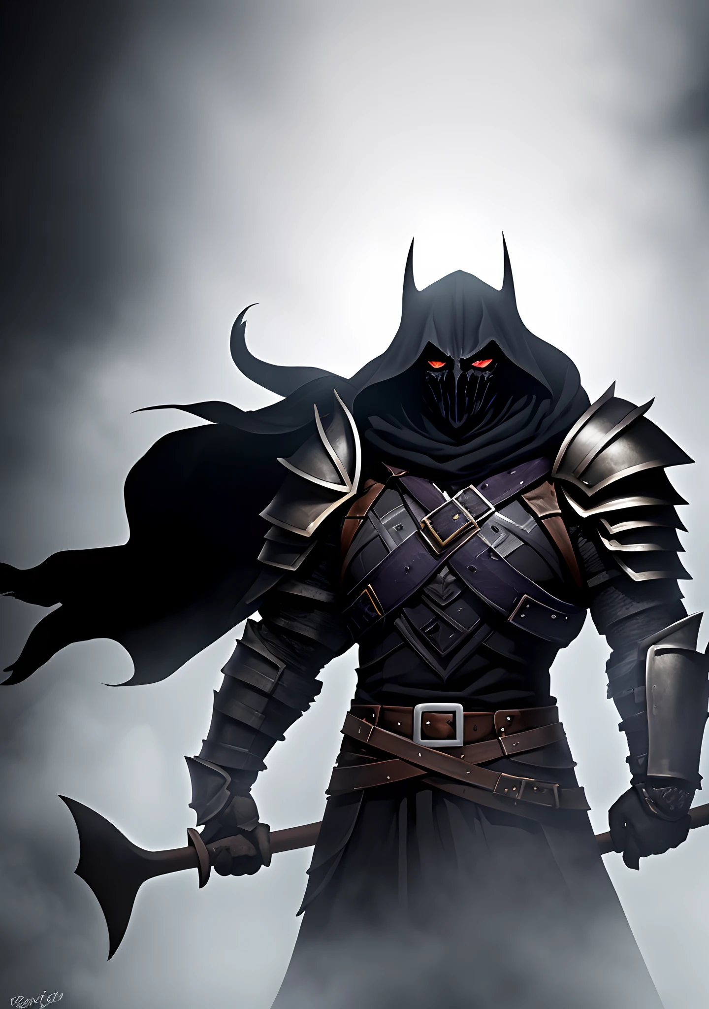 In a Clash Royale arena, the fog thickens, slowly revealing the Prince of Darkness. He emerges from the shadows, ax raised, as the dim light highlights his imposing black armor. All around, opponents look with expressions of fear and surprise.