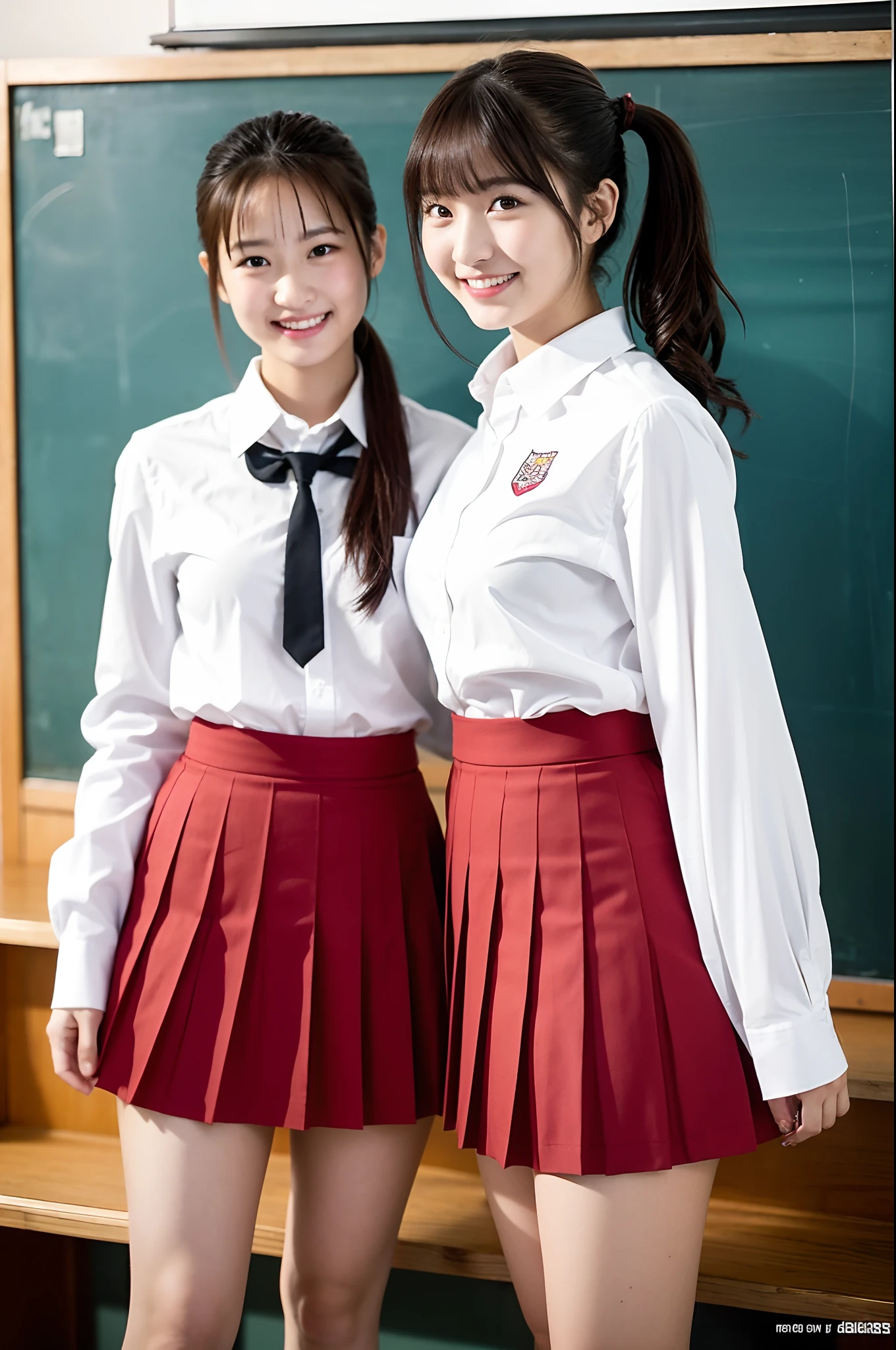girls standing in school classroom,long sleeved white shirt,red pleated skirt,18-year-old,bangs,a little smiles,thighs,knees,crotch,low ponytail,from below