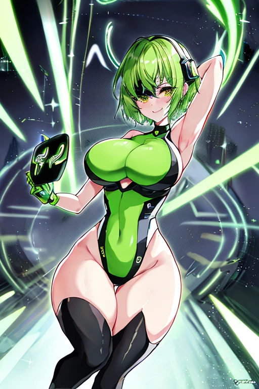 Green hair, bodysuit, short hair, tech, futuristic, science-fiction, neon trim, green neon trim, very short hair, pantuhose, swaying hips, hip sway, breasts, large breasts, bouncing breasts, 1girl, arms behind back, hands behind head, thick thighs, wide hips, anime style, anime screencap, 2d, light smile, dancing, sway, mind control, hypnosis, vr visors, head-mounted display, covered eyes