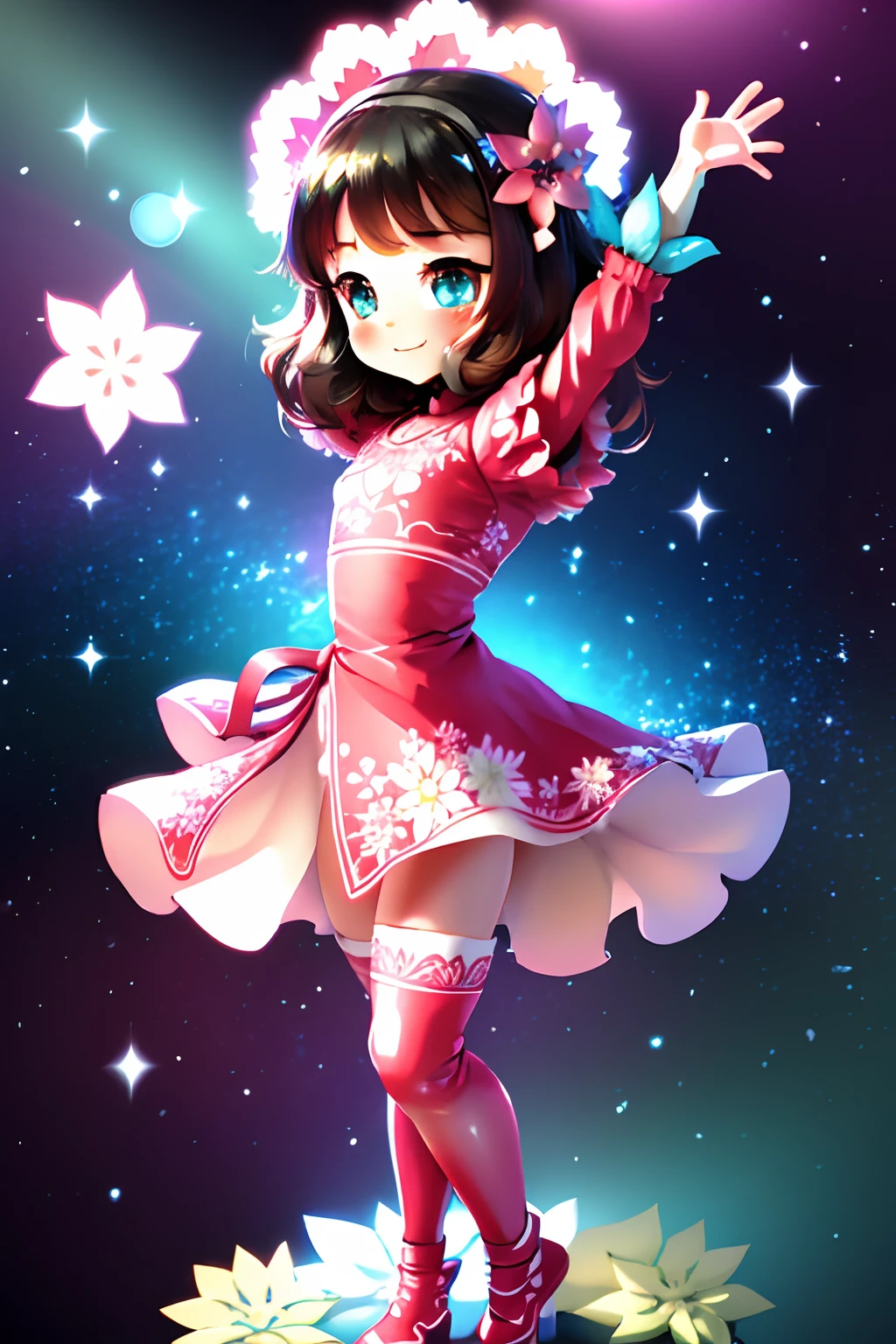 Extremely detailed,(Fractal Art:1.1),(Colorful:1.1)(Flowers:1.3)、 (Dynamic Pose), (Abstract background:1.3)、(Many colors:1.4)、Place one small doll on a circular stand、kawaii pose、A smile、A dark-haired、Chibi Doll、Stars in the eyes(kirakira)、Singing with microphone in hand、Eye Up、Laugh、Cute red shoes、Ultra Detail, radiant light、bio luminescent、Stronger bokeh effect、Taken from the side
