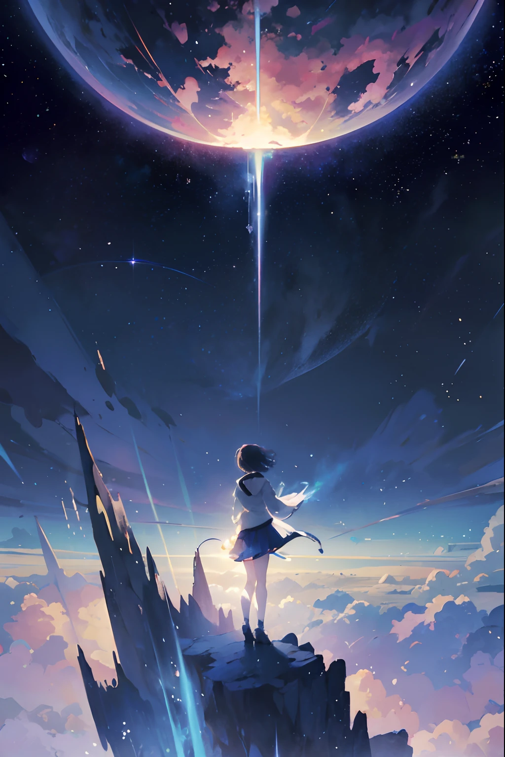 Create exquisite illustrations reminiscent of Makoto Shinkai's style, It has ultra-fine details and top-notch quality. Create an illustration featuring a massive comet descending from the night sky towards the Earth, accompanied by the silhouette of a girl gazing up at it. The comet should exude a fantastical and ethereal atmosphere, with its tail trailing behind, creating a sense of cosmic wonder. The girl, bathed in the surreal glow of the comet, stands in awe as she witnesses this celestial event. The overall illustration should transport viewers to a magical moment where the boundaries between reality and fantasy blur, capturing the breathtaking beauty of a celestial encounter