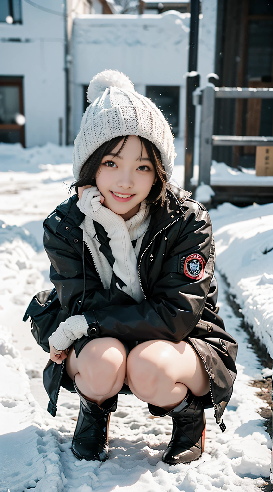 Top image quality、超A high resolution、masutepiece、Photoquality(photographrealistic:1.8)、pores、accuracy、realistic skin textures、（Fine hands）、（Skinny Legs）、Japan women、18year old、Frontal、short-hair、A dark-haired、Girl with a cute smile、Slender girl、tiny chest、Flat-breasted、Facing the front、The body looks forward、Keeping your body straight ahead、Squatting on a snowy road、Black Down Jacket、a miniskirt、Keep your knees apart、Show white panties、Short boots、Wearing snow gloves、Yarn hat、Large drops of snow fall、Laughing、White teeth、
