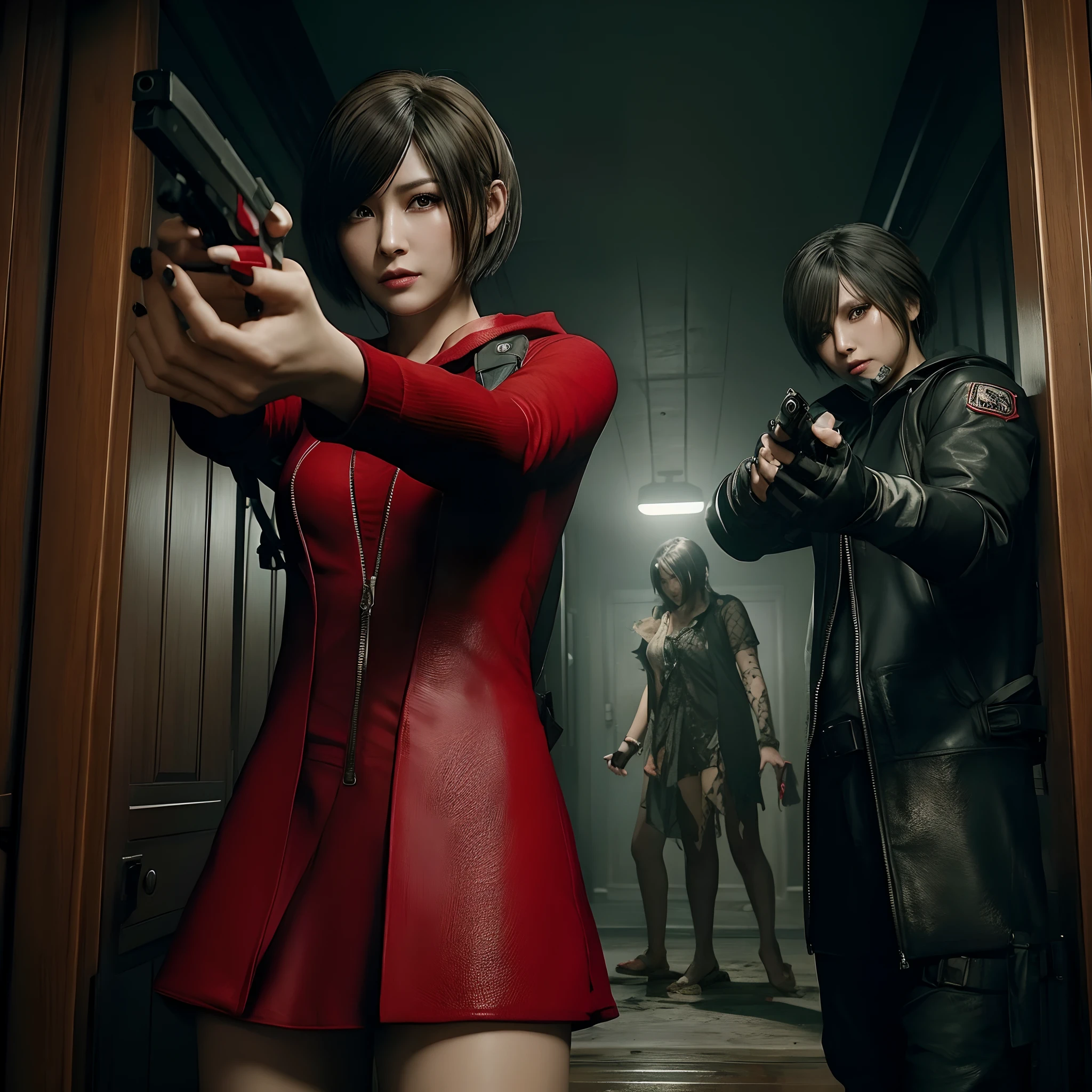 Ada wong, beautiful face, woman, bob hair, perfect Face, wearing mini red dress hoody, wearing hoody, black nail polish, looking straight