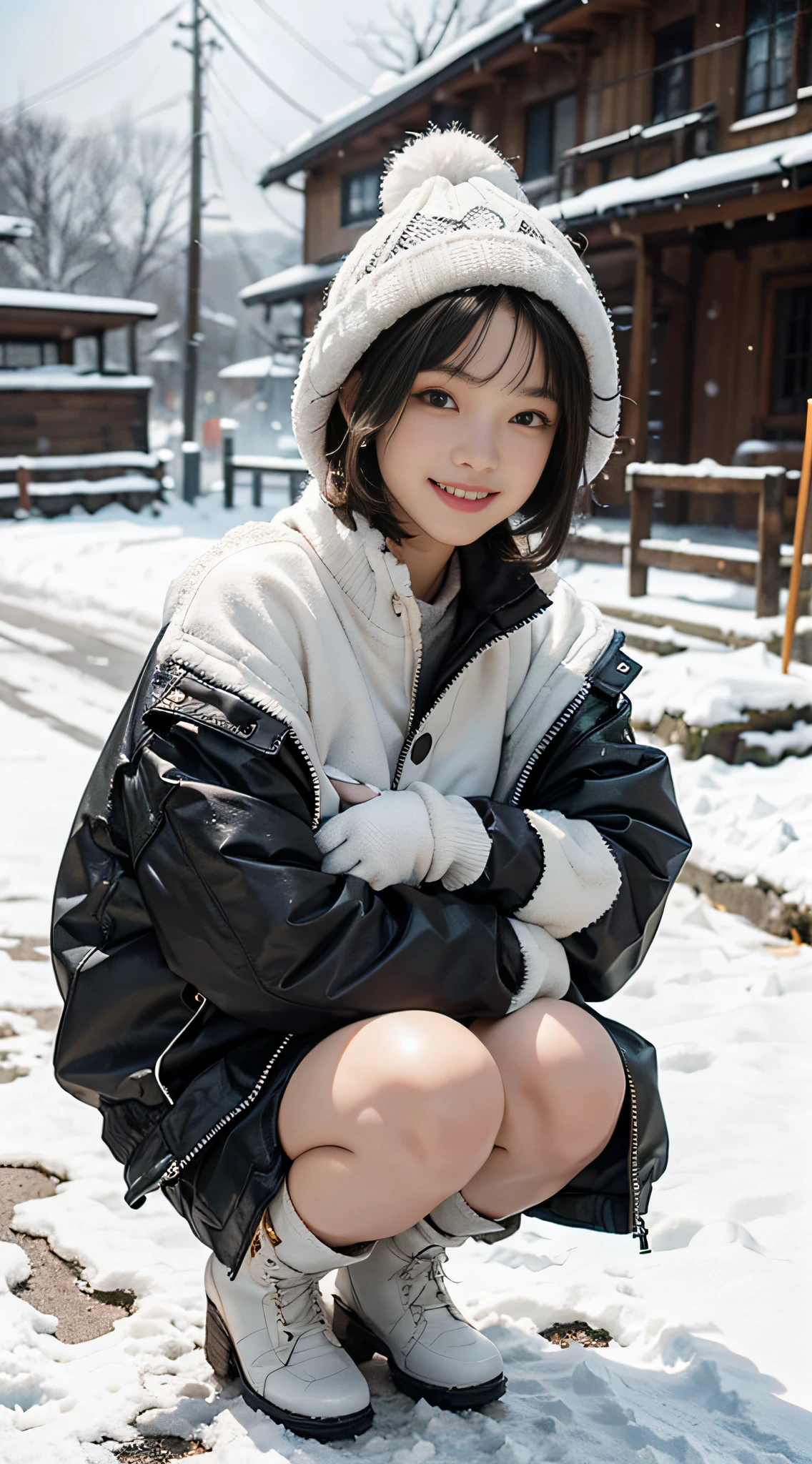 Top image quality、超A high resolution、masutepiece、Photoquality(photographrealistic:1.8)、pores、accuracy、realistic skin textures、(Fine hands)、(Skinny Legs)、Japan women、18year old、Frontal、short-hair、A dark-haired、Girl with a cute smile、Slender girl、tiny chest、Flat-breasted、Facing the front、The body looks forward、Keeping your body straight ahead、Squatting on a snowy road、Black Down Jacket、a miniskirt、Keep your knees apart、Show white panties、Short boots、Wearing snow gloves、Yarn hat、Large drops of snow fall、Laughing、White teeth、