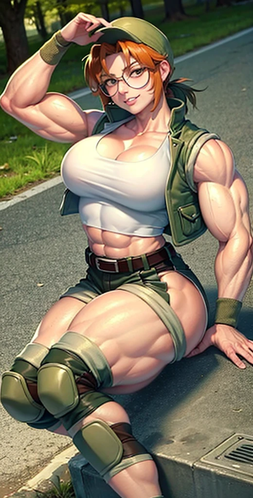 masterpiece, best quality, outdoors, grass, 
fiodef,r, wariza, arm support, orange hair, hat, baseball cap, crop top, shorts, midriff, vest, navel, belt, short shorts, tank top, cleavage, brown shorts, abs, muscular, smug, muscular arms, muscular, very muscular, very muscular arms, large muscles, super muscular, huge breasts, giant breasts, gigantic breasts, slim waist, muscular midriff, smug, smirk, evil grin, goth, fishnets,masterpiece, best quality, outdoors, on grass, grass, cosmieyes, reflection, brown eyes, colored eyelashes, eyelashes, eridef, blonde hair, vest, bandana, breasts, shorts, navel, midriff, crop top, belt, short shorts, hat, knee pads, large breasts, abs, muscular, smug, muscular arms, muscular, very muscular, very muscular arms, large muscles, super muscular, huge breasts, giant breasts, gigantic breasts, slim waist, muscular midriff, smug, smirk, evil grin, goth, fishnets, 2girls, kissing, yuri, lesbian,