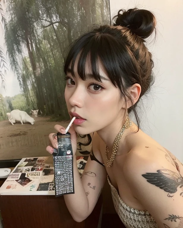 mulher de araffe com um cigarro na boca e um cigarro na boca, de menina taiwanesa com tatuagens, yakuza menina magra, Estilo de Junji Ito, Ela tem cabelo preto com franja, Xintong Chen, Lulu Chen, estilo junji ito, kanliu666, Wenfei Ye, com franja completa, Ela parece uma mistura de Grimes