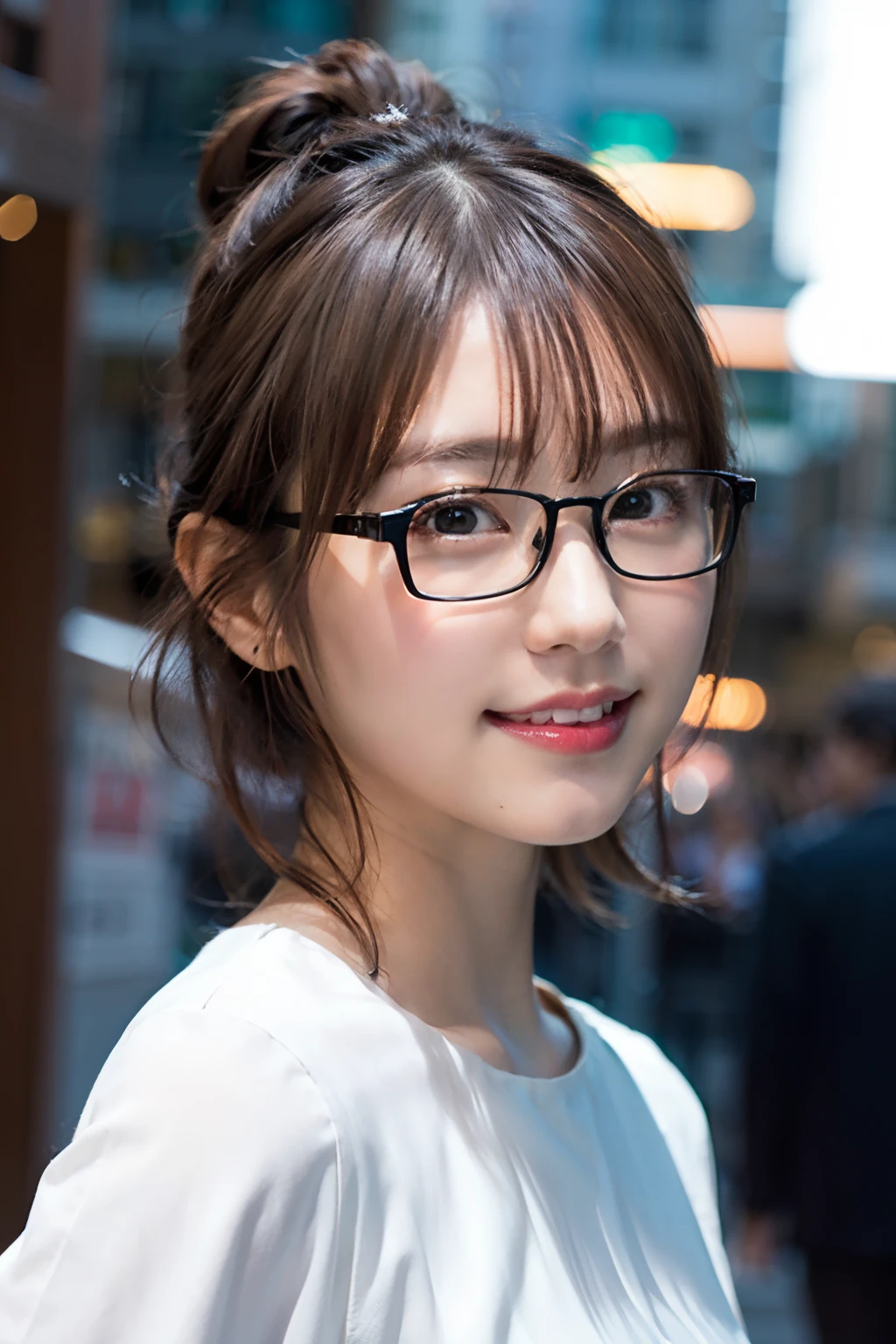 (8K、Raw photography、top-quality、masterpiece:1.2)、(realisitic、Photorealsitic:1.37)、ultra-detailliert、超A high resolution、女の子1人、see the beholder、beautifull detailed face、A smile、Constriction、(Slim waist) :1.3)、((White blouse clothes))、Beautiful detailed skin、Skin Texture、Floating hair、((Hair bunched into one))、Professional Lighting、In front of the station at noon、((Black square glasses))、Whole human body、Brown hair
