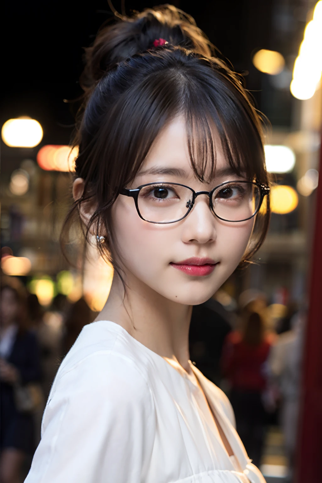 (8K、Raw photography、top-quality、​masterpiece:1.2)、(realisitic、Photorealsitic:1.37)、ultra-detailliert、超A high resolution、女の子1人、see the beholder、beautifull detailed face、A smile、Constriction、(Slim waist) :1.3)、((White blouse clothes))、Beautiful detailed skin、Skin Texture、Floating hair、((Hair bunched into one))、Professional Lighting、In front of the station at noon、((Black square glasses))、Whole human body、Brown hair