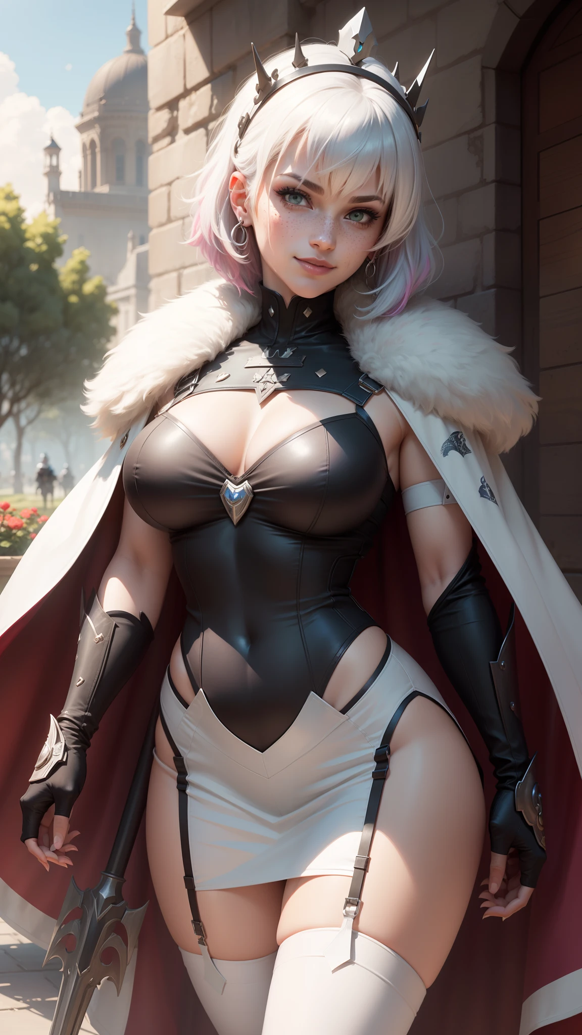 gwen tennyson,y'shtola rhul,yorha 2b, tracer,nier automata,overwatch,close up, mecha pilot,rose garden,tattoos,blue and pink plugsuit,white short sleeve victorian bodycon top,victorian goth bodycon dress,white garter belt,lycra corset,short hair,punk makeup,green eyes,multicolored silver hair,sexy smile, freckles,beautiful girl,large breasts,8k, ultra detailed,realistic,fantasy art,fur armor,steel armor,royal uniform,queen cape,ear piercings,hair pin,saiyan girl, saiyan female,queen crown,castle flags, queen scepter,shield maiden,