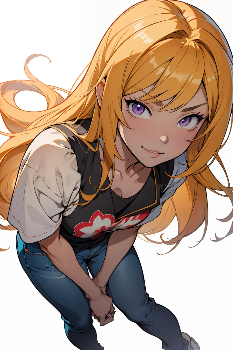 Yang Xiao Long, ((melhor qualidade)), ((obra-prima)), (altamente detalhado:1.3), a young woman with a mischievous and sexy expression, com volumosos, cabelos ondulados, With peach blonde bangs and purple eyes and voluminous lips, usando uma blusa branca, despojada, a pair of jeans, Nice anime art style, Estilo anime, anime illustration, bela arte de anime, illustration Anime style, Nice anime style, bela arte de anime, retrato bonito do anime, mulher bonita do anime, anime bonita, Boho Chique | | muito anime!!!, Digital anime illustration, anime full body illustration, arte de personagens de anime