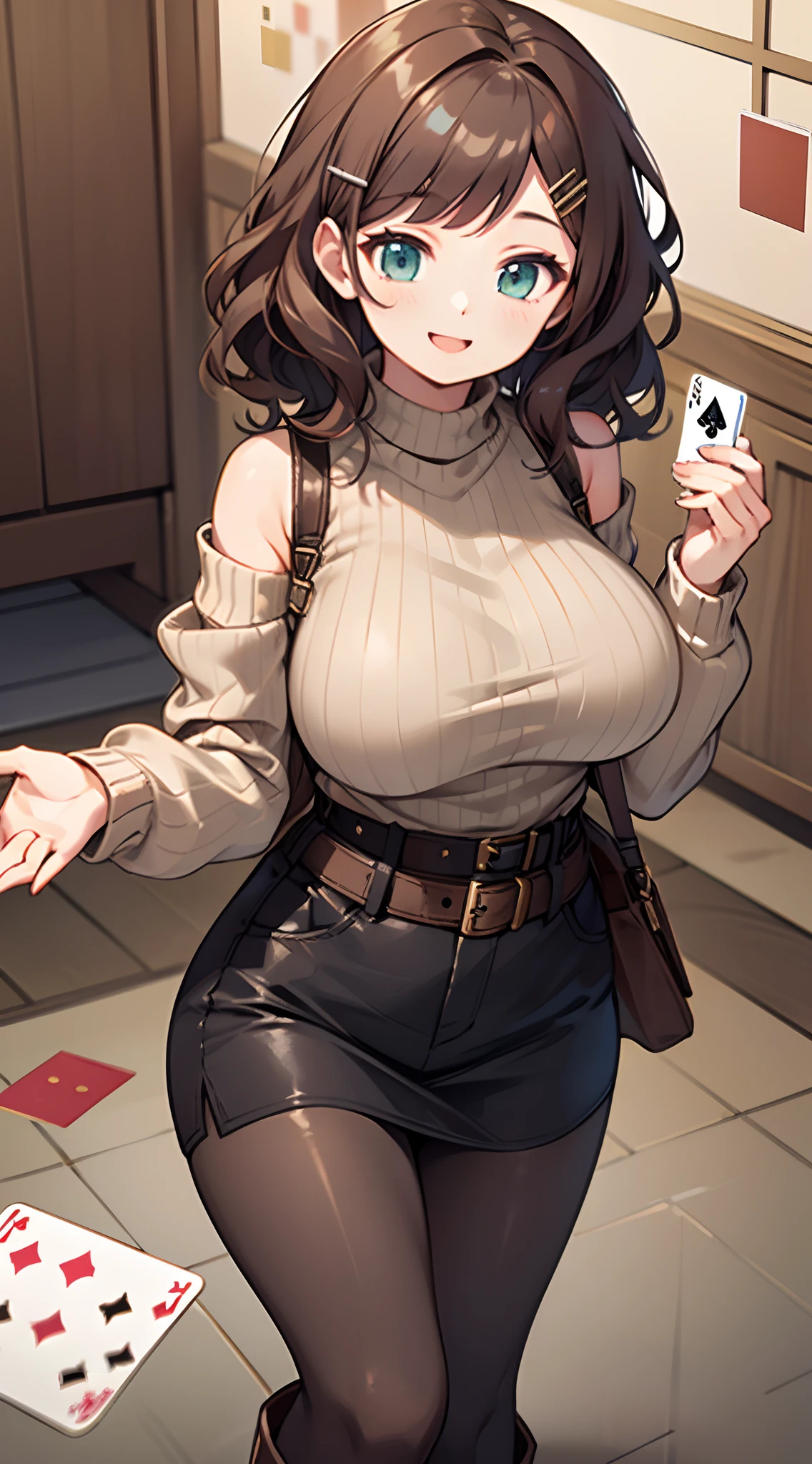 masterpiece,best quality,ultra detailed,8k,tall,big female,gigantic breasts,20 years old,medium hair,wavy hair,brown hair,hairclip,happy,smile,brown sweater,ribbed sweater,bare shoulders,detached sleeves,belt buckle,black tights,boots,strapless,holding cards,playing card,