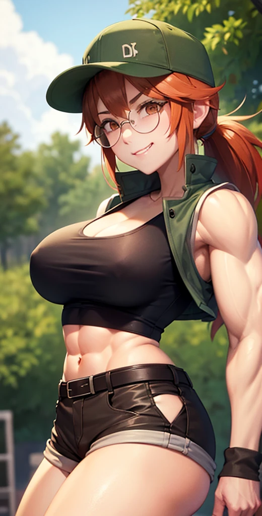 masterpiece, best quality, outdoors, grass, 
fiodef, 1girl, solo, looking at viewer, wariza, arm support, orange hair, hat, baseball cap, crop top, shorts, midriff, vest, navel, belt, short shorts, tank top, cleavage, brown shorts, abs, muscular, smug, muscular arms, muscular, very muscular, very muscular arms, large muscles, super muscular, huge breasts, giant breasts, gigantic breasts, slim waist, muscular midriff, smug, smirk, evil grin, goth, fishnets, dark clothes, black clothes