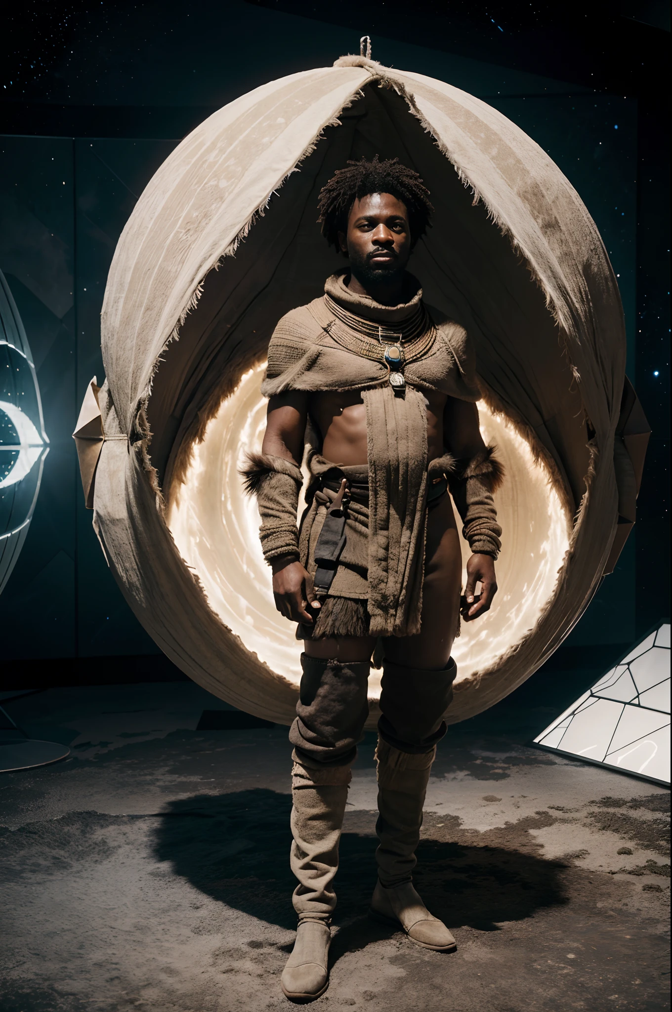 Full body shot of african man covering the body dressed in ancient african clothes made of hides and fur, in a futuristic empty space full of floating randomly shaped abstract scifi objects, sci-fi scene, light in the scene giving a grey and white colour grading in the scene, colour grading reminiscent of interstellar movie by Christopher Nolan, cinematic lighting, artgerm style, 32k, ultra HD, unreal engine rendered, hyper-realistic image,