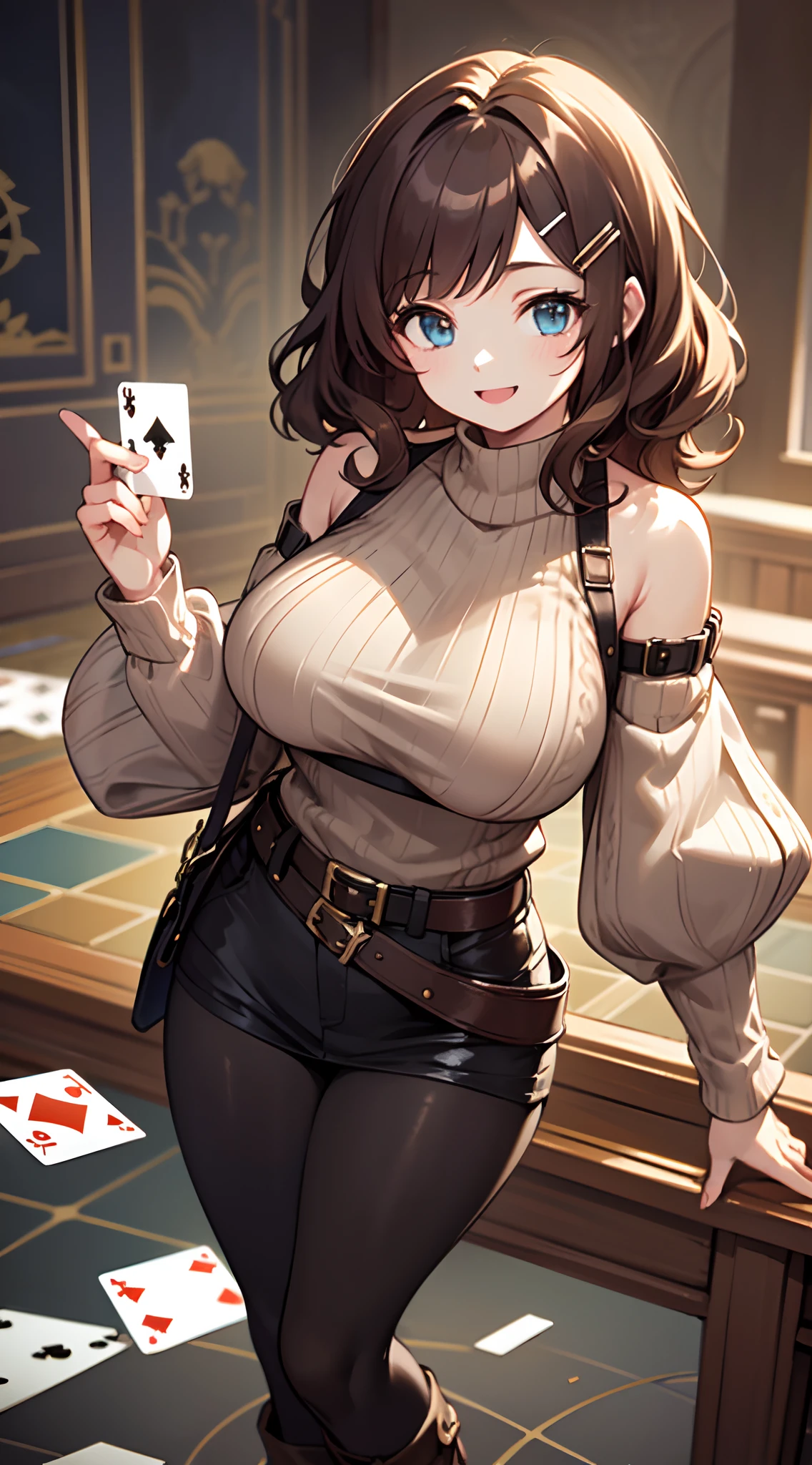 masterpiece,best quality,ultra detailed,8k,tall,big female,gigantic breasts,20 years old,medium hair,wavy hair,brown hair,hairclip,happy,smile,brown sweater,ribbed sweater,bare shoulders,detached sleeves,belt buckle,black tights,boots,strapless,holding cards,playing card,