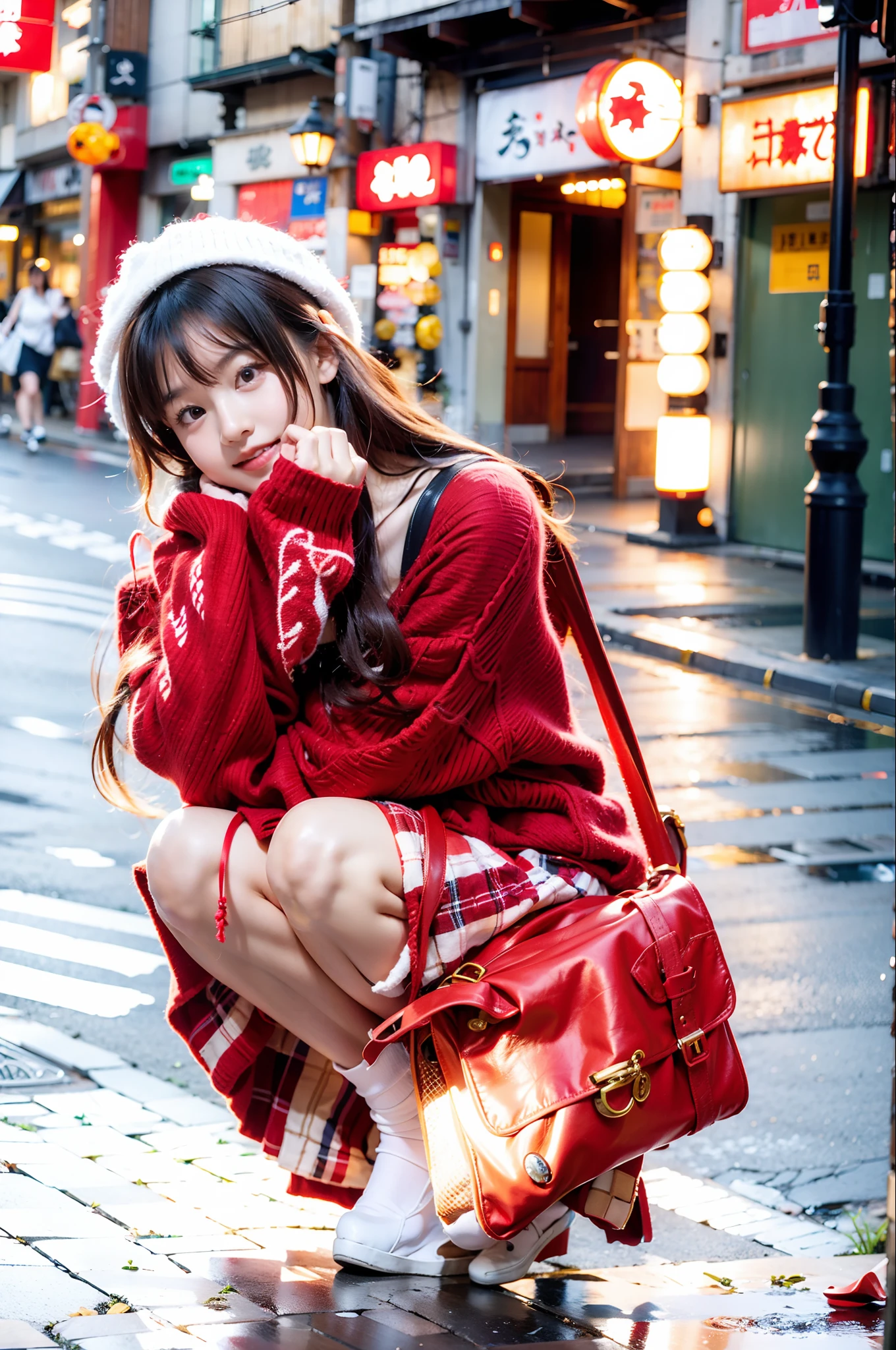 Alafi girl in a red sweater and plaid skirt crouches, Cute young girl, dressed with long fluent clothes, young and cute girl, cute kawaii girls, Young Asian girl, wearing red clothes, Red clothes, portrait of a japanese teen, ulzzangs, of a youthful japanese girl, Cute and lovely, japanese street fashion, Cute girl, Japanese clothes,(Thin leg 1:1.5)
