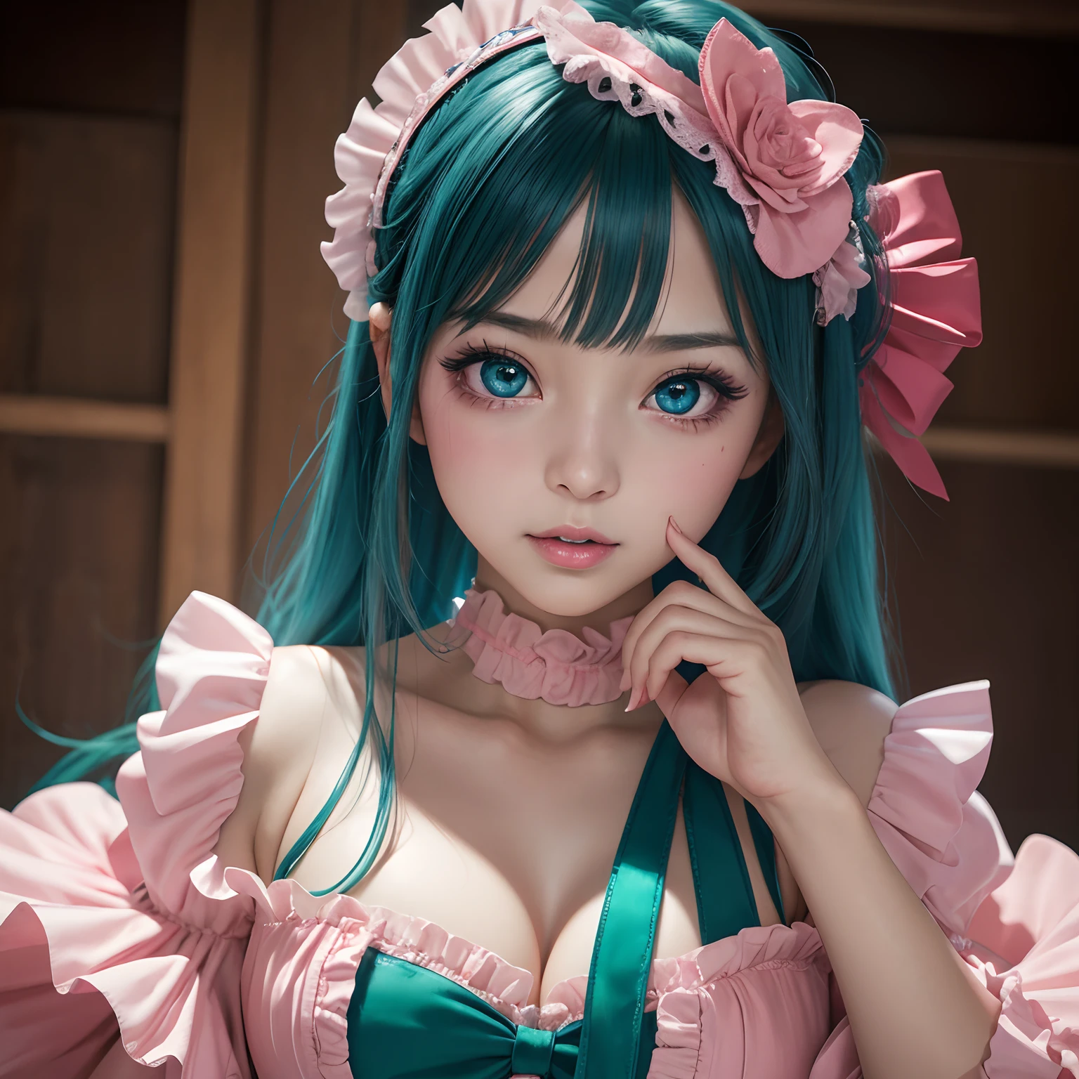 finest image, (8k, RAW photo, realistic), amorous expression, lewd expression, pink eyeshadow, cute girl, blue shining big eyes, dark green hime cut, slender, red big thick lips, flamenco costume, portrait