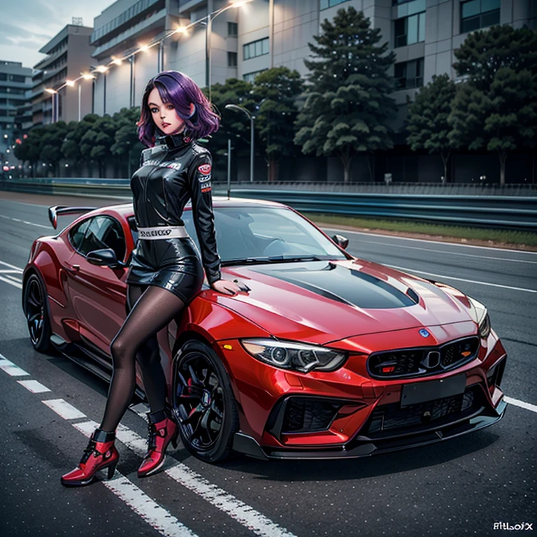 A girl wearing a driving suit , Sit on a car hood, Race Queen,, Racetrack at Night, Neon lights , Spotlights, blushing face , Dark and purple hair, Eye Shadow,, Shiny Hair (Best quality:1.1), (Masterpiece:1.4), 1fille, (cheveux volumineux)+ , ((cheveux)++, cheveux longs , (Yeux Bleux) , (big lips)+, peau brillante, brillant, Detailled car, High resolution