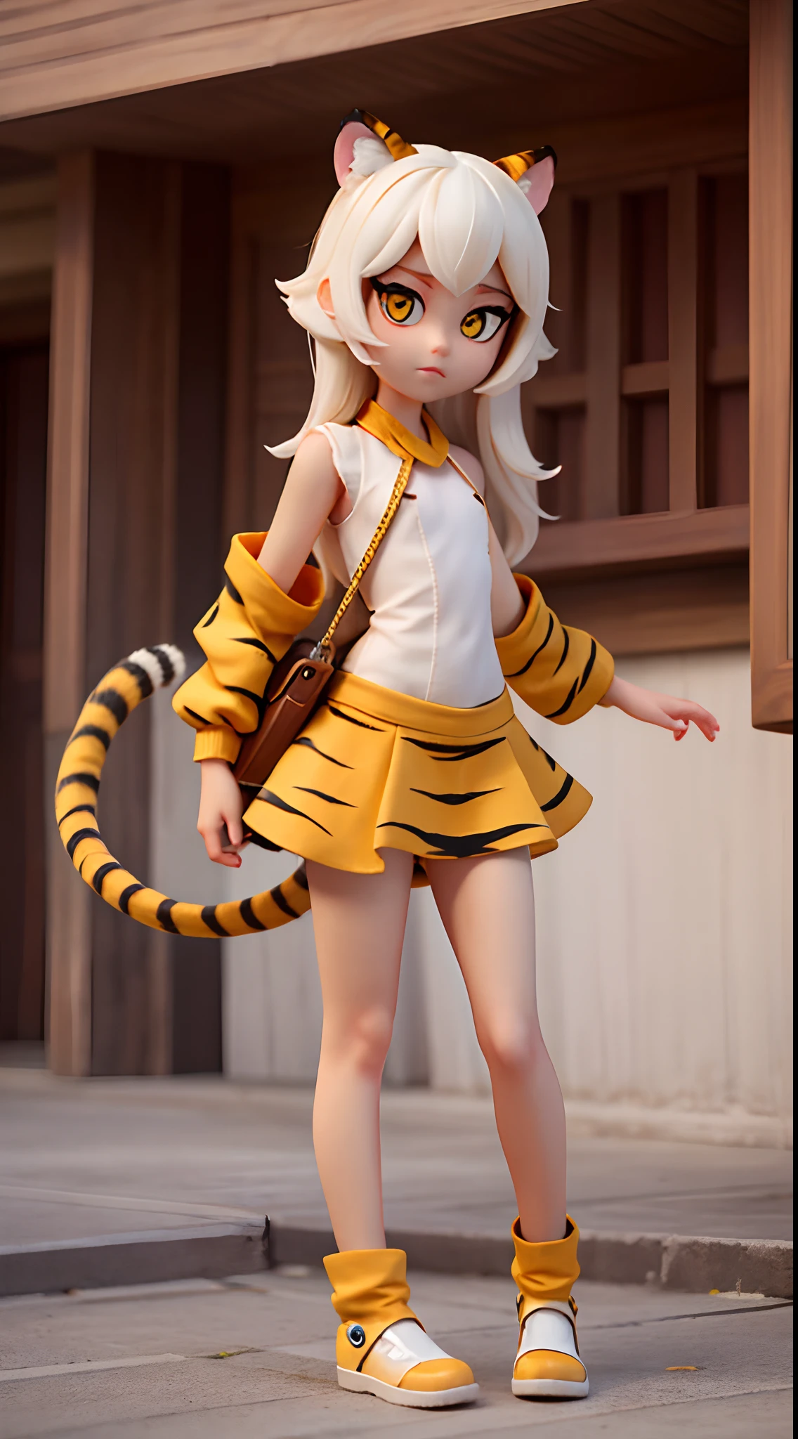 She is very beautiful because she is a white tiger beastman、white and beautiful skin、Yellow eyes、Big eyes、tiny chest、Tiger tail、tchibi、Mega Mini、Megachibi、sexypose