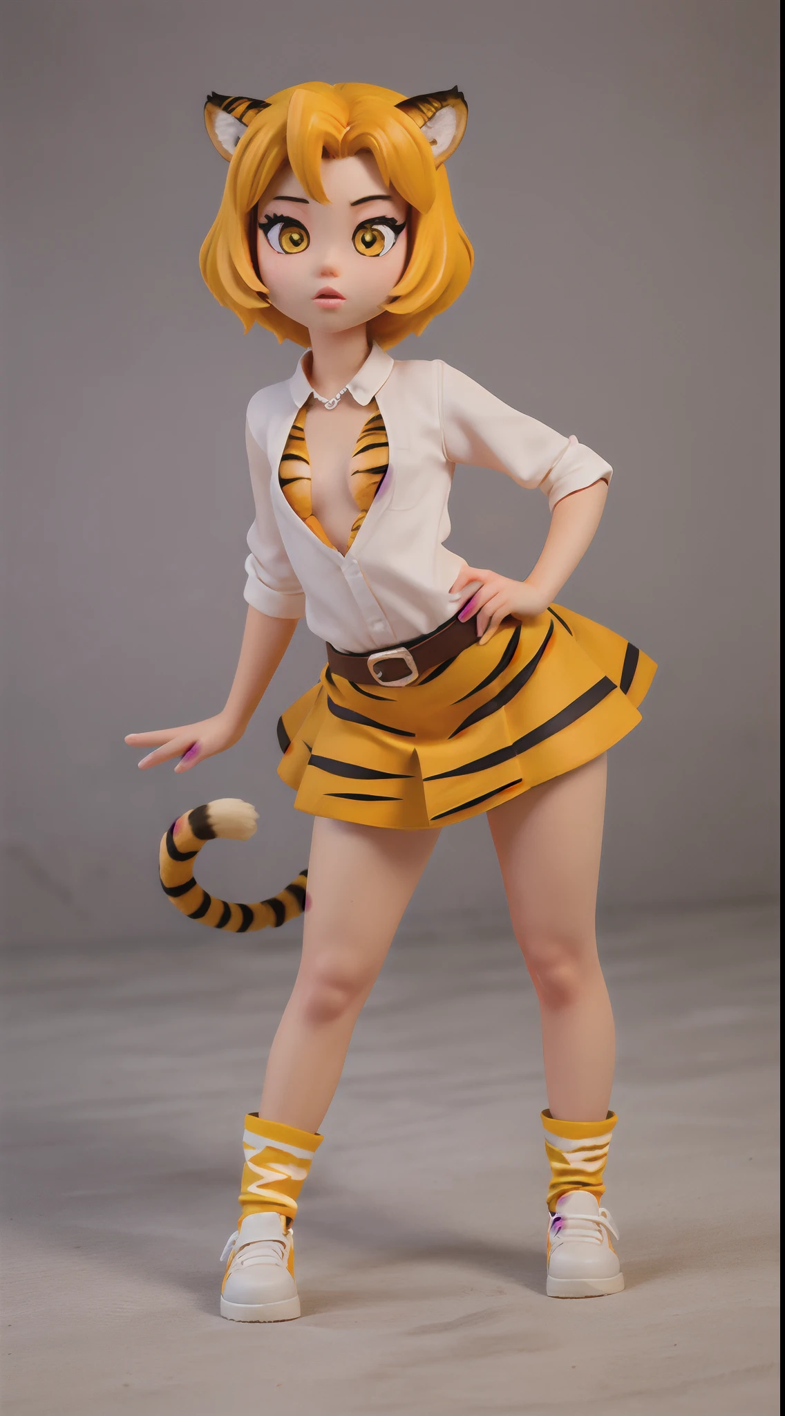 She is very beautiful because she is a tiger beastman、white and beautiful skin、Yellow eyes、Big eyes、tiny chest、Tiger tail、tchibi、Mega Mini、Megachibi、sexypose