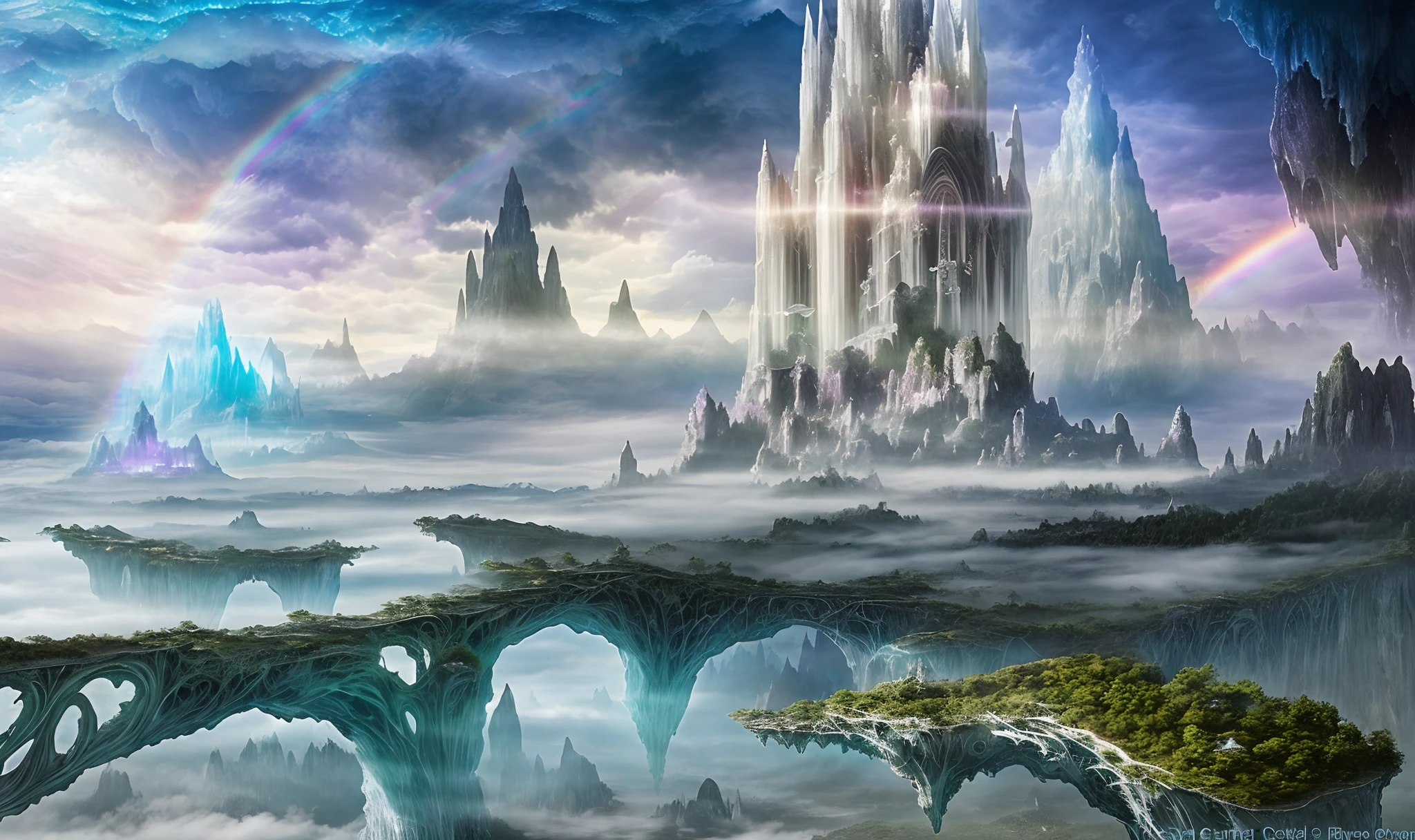 great crystal castle, surreal crystal landscape, city of clouds, translucent landscape, fog planet, floating white lands, sky nation, rainbow in the distance, wind air, white crystals, floating islands with interlocking rocks forming bridges to a translucent tower in the center, air realm, ultra-realistic, ultra-detailed, high fantasy