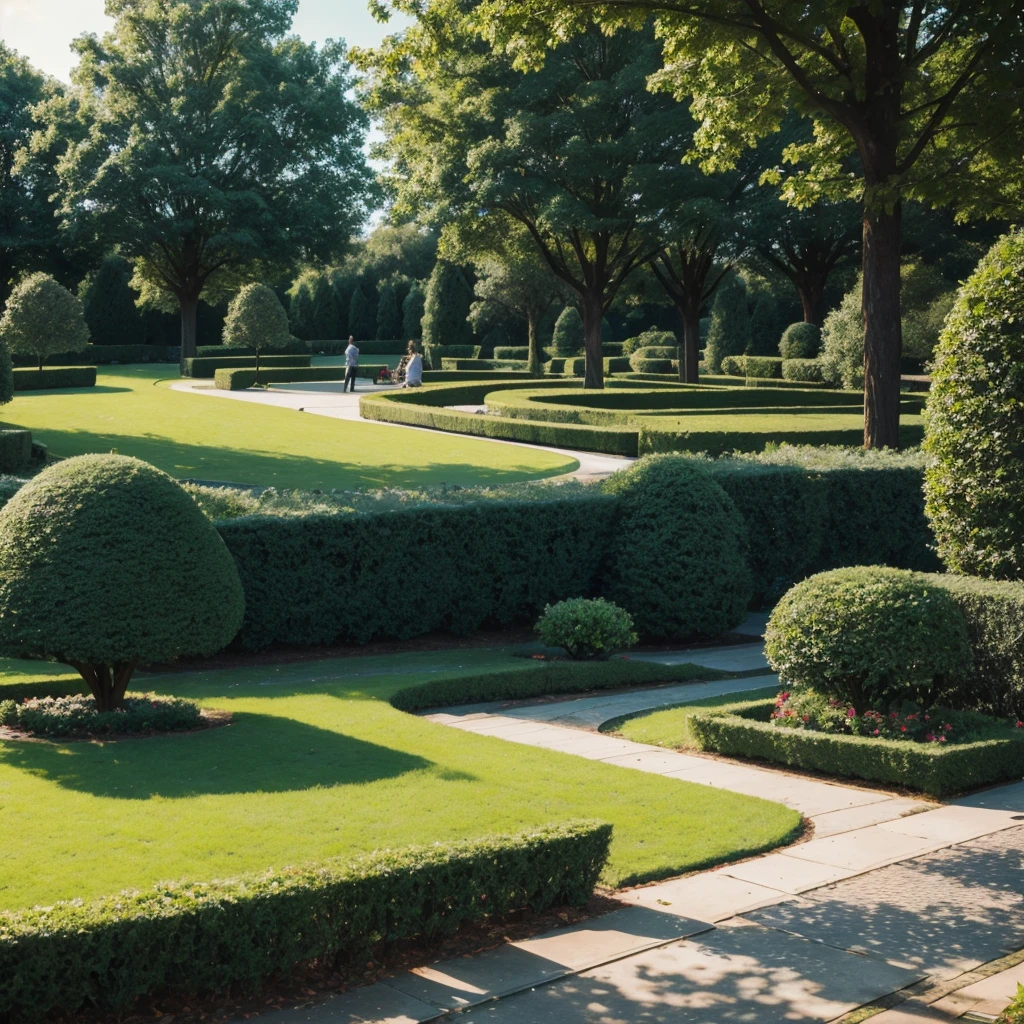 Idyllic cultivated park with shrub sculptures