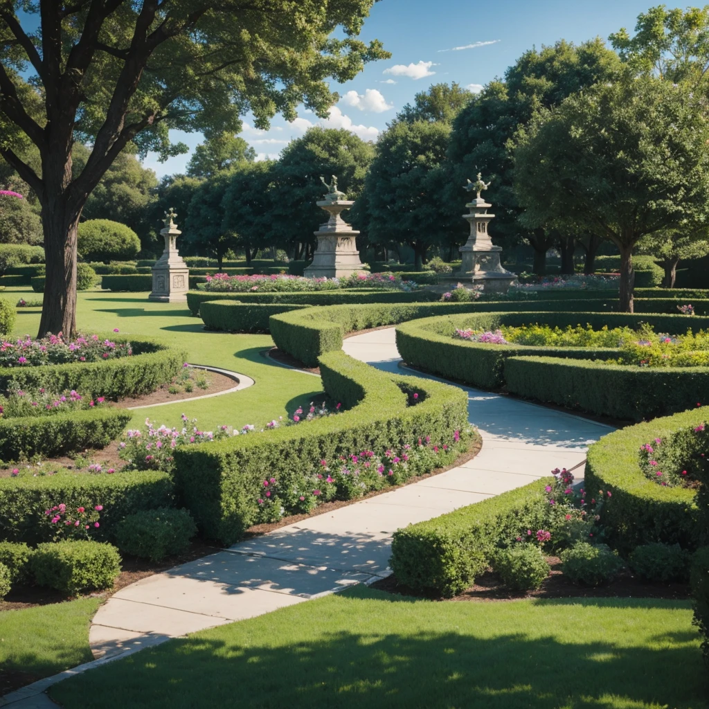 Idyllic cultivated park with shrub sculptures