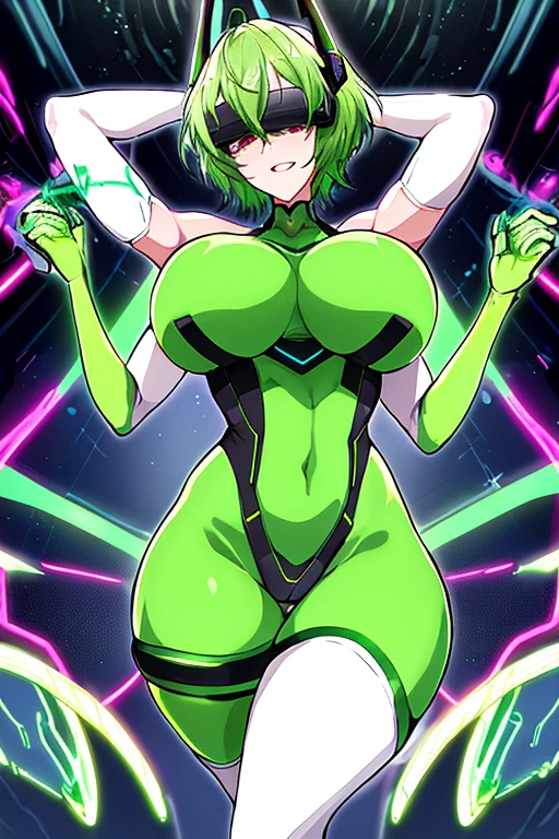 Green hair, bodysuit, short hair, tech, futuristic, science-fiction, neon trim, green neon trim, very short hair, pantyhose, swaying hips, hip sway, breasts, large breasts, bouncing breasts, 1girl, arms behind back, hands behind head, thick thighs, wide hips, anime style, anime screencap, 2d, light smile, dancing, sway, mind control, hypnosis, vr visors, head-mounted display, covered eyes, arms behind head, visors