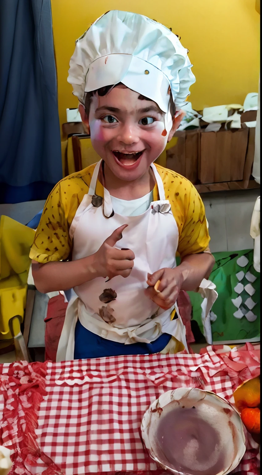 There's a boy wearing a chef's hat and apron, usando avental, vestido como um chef pasteleiro, with a happy expression, chef feliz, em um avental coberto de sangue, melhor chef, wearing translucent sheet, cooking show, wearing white chef hat, Avental branco, marvelous expression, print ready, serving happy meals, competition winning, Detalhe brilhante, cara boa