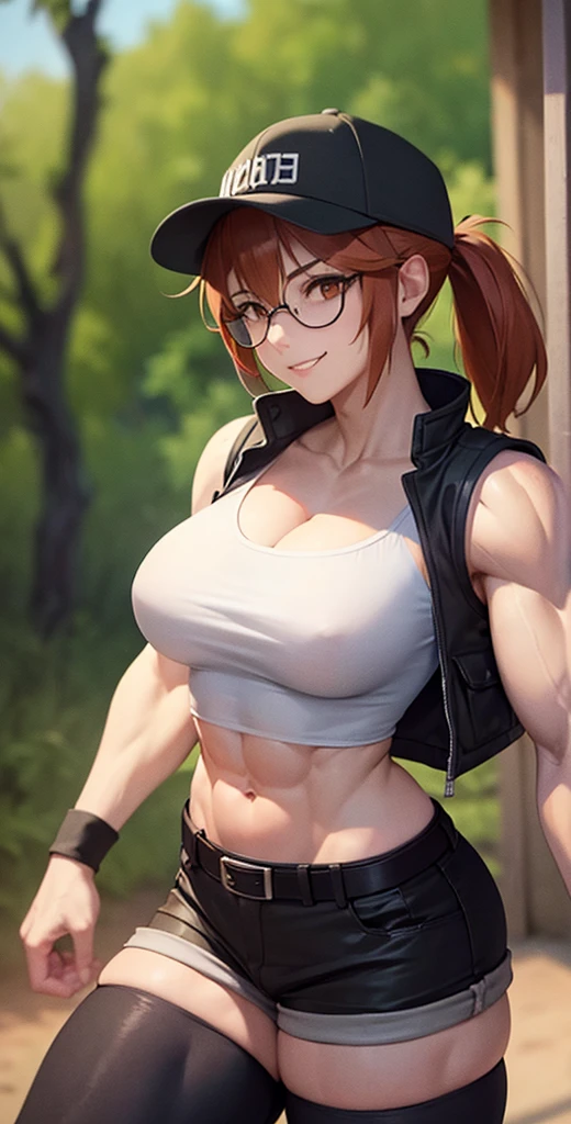 masterpiece, best quality, outdoors, grass, 
fiodef, 1girl, solo, looking at viewer, wariza, arm support, orange hair, hat, baseball cap, crop top, shorts, midriff, vest, navel, belt, short shorts, tank top, cleavage, brown shorts, abs, muscular, smug, muscular arms, muscular, very muscular, very muscular arms, large muscles, super muscular, huge breasts, giant breasts, gigantic breasts, slim waist, muscular midriff, smug, smirk, evil grin, goth, fishnets, dark clothes, black clothes, black lipstick