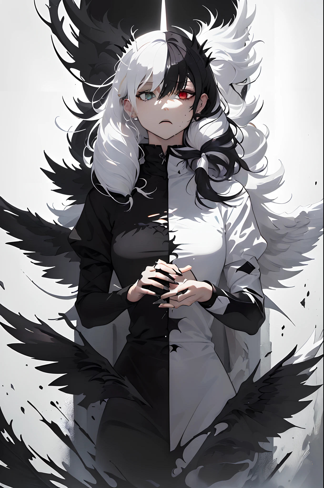 (masutepiece:1.3),(Best Quality:1.2),8K,absurderes,Unity 8K Wall Papper,(Extremely detailed:1.3),highest grade,Clothes are simple), (Best Impact:1.5), (minimalism:1.7), Vivid contrast, (Realistic), hyperrealistic illustrations, hight resolution, ultra-detailliert, absurderes,
1girl in, ,Heterochromia, ((Twin tail hairstyle)), ((spilt into two White hair, Black hair:1.5)), ((split theme, Angel,devil,Wings)),Split into two themed angels,devil