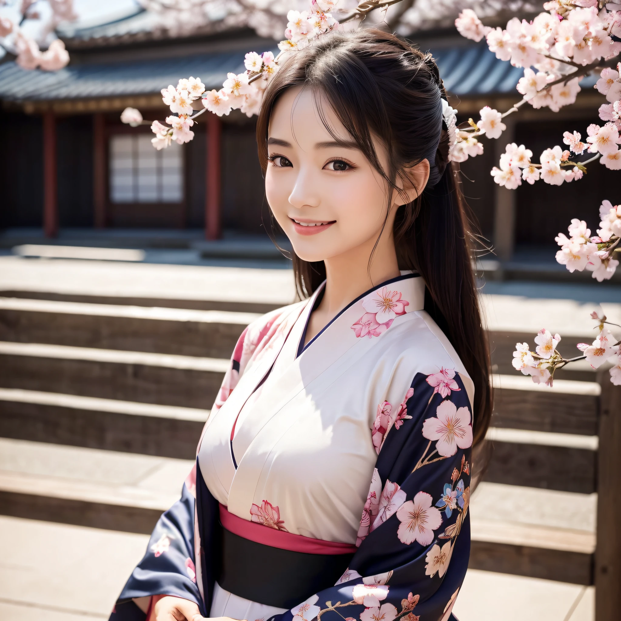 (Super beautiful woman in kimono)、((best qualtiy、8k masterpieces:1.3))、foco nítido:1.2、(ultra beautiful faces:1.0)、(shinny skin:1.0)、photos realistic、A dark-haired、Video Lighting、High-definition eyes and face、Video Lighting、Japanese actressl、from the front side、medium breasts、With a happy smile、Slender Abs Beauty、Whole body、wearing kimonos、cherry blossom in full bloom