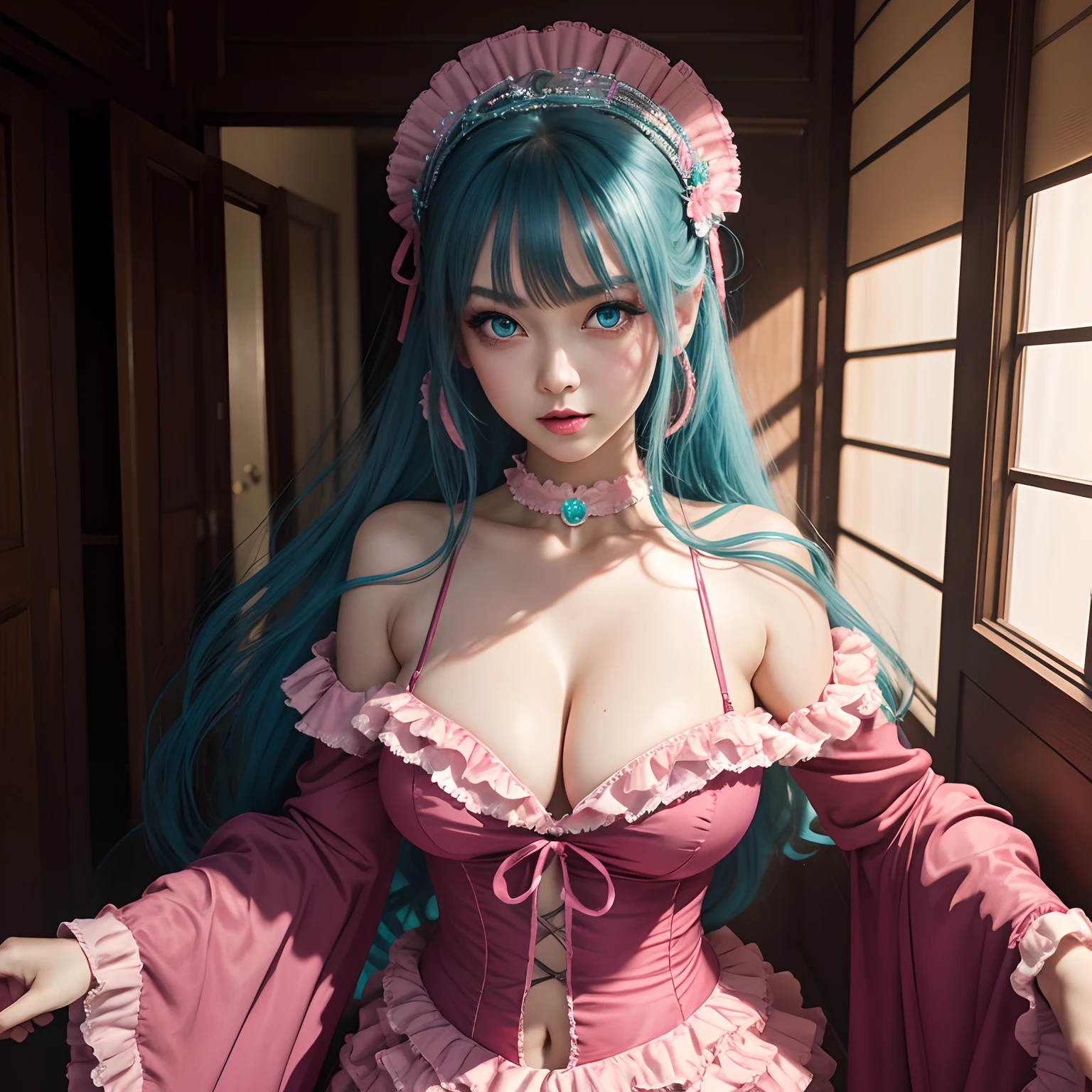 finest image, (8k, RAW photo, realistic), amorous expression, lewd expression, pink eyeshadow, cute girl, blue shining big eyes, dark green hime cut, flat chest, slender, red big thick lips, flamenco costume, portrait