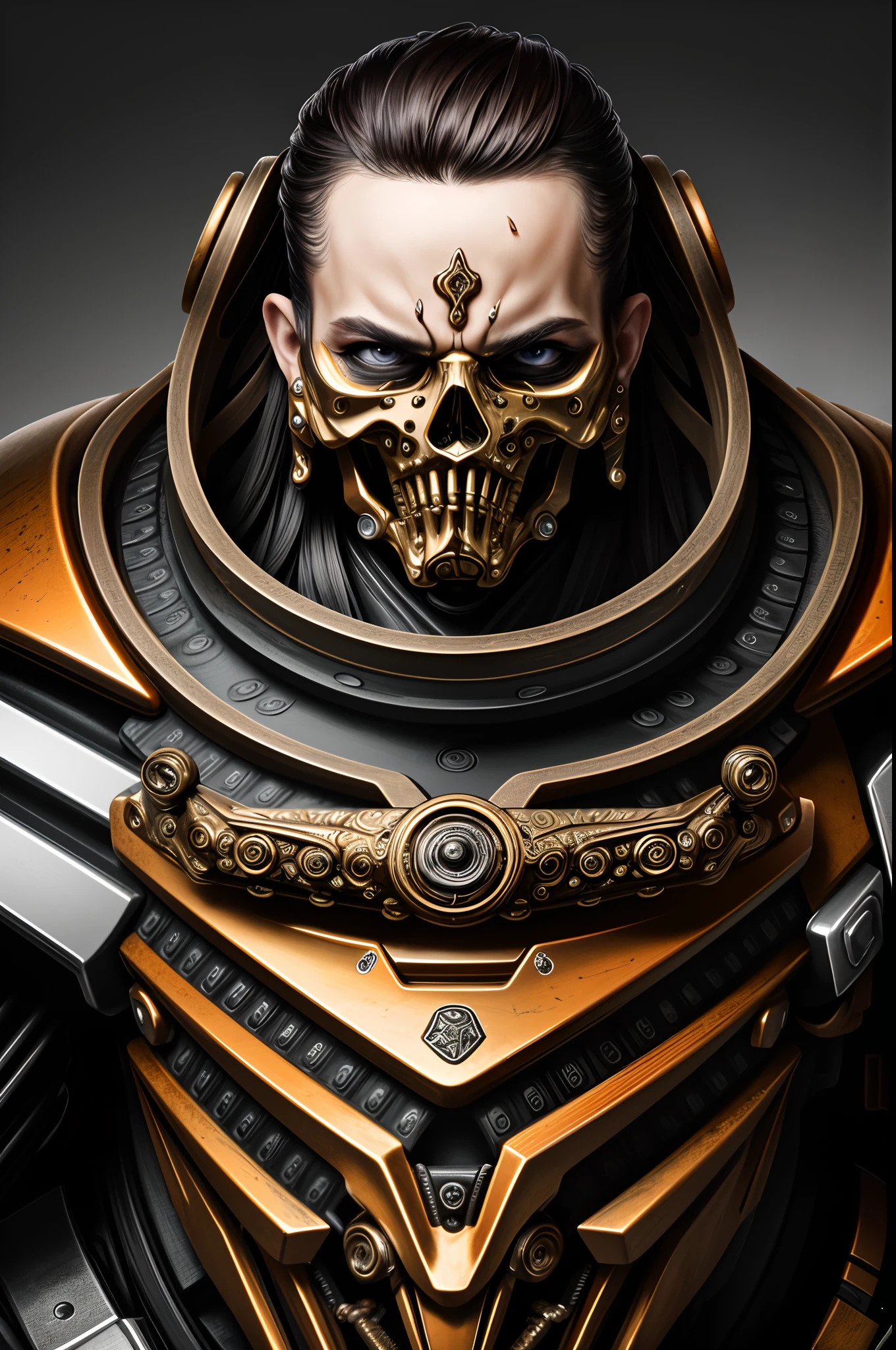 a close up symmetrical portrait of a cyberpunk gangster, biomechanical, mshn robot, splashes of orange red, hyper realistic, intricate design, (insanely detailed:1.4), (extremely fine details:1.35), Extremely sharp lines, steel, cinematic lighting, Photorealistic, a detailed painting by Ayami Kojima and Lilia Alvarado, (best quality, high quality, absurdres, intricate detail, masterpiece, cinematic), highly detailed, motion blur, film grain, noise, lens effects,