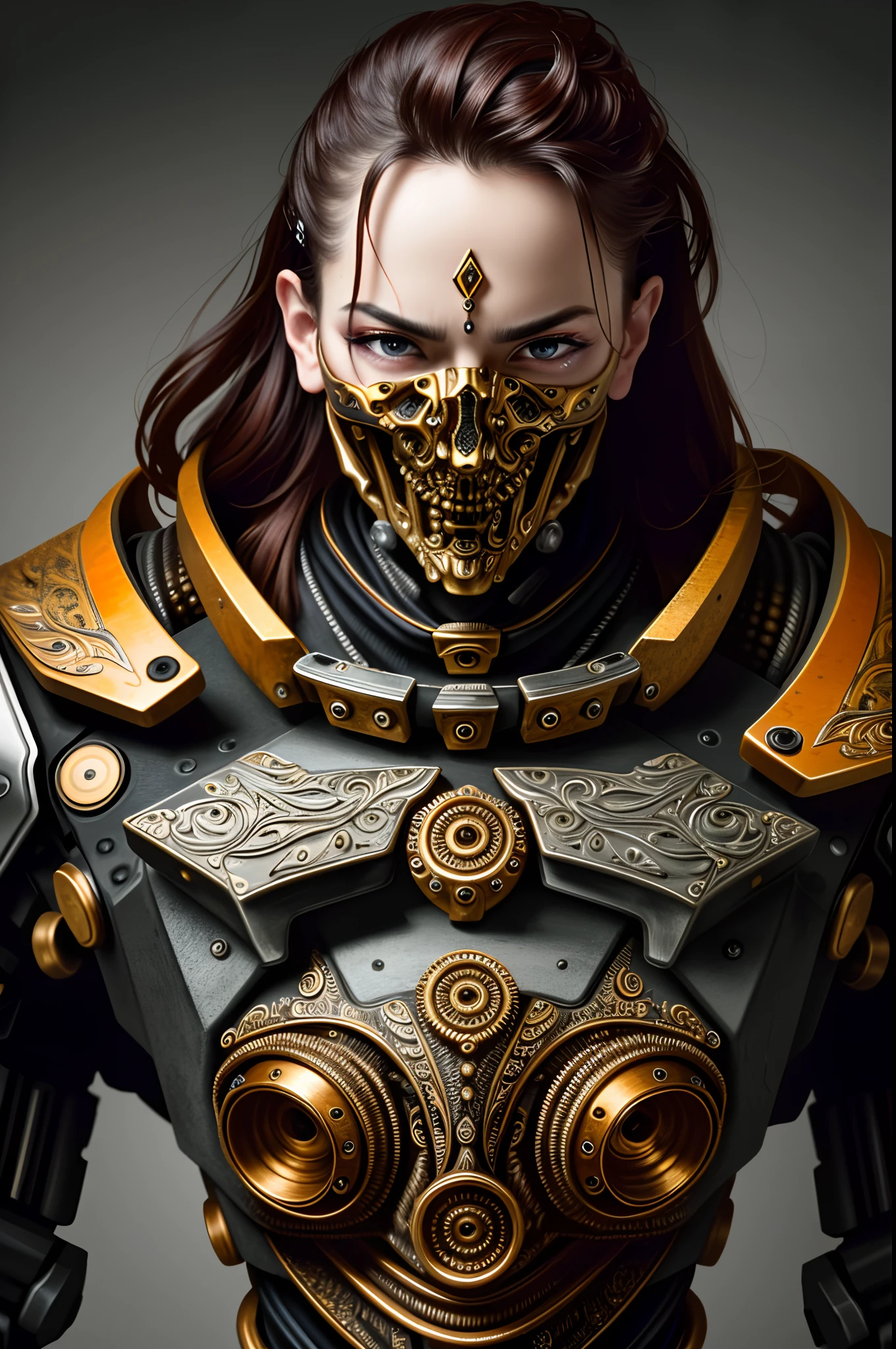 a close up symmetrical portrait of a cyberpunk gangster, biomechanical, mshn robot, splashes of orange red, hyper realistic, intricate design, (insanely detailed:1.4), (extremely fine details:1.35), Extremely sharp lines, steel, cinematic lighting, Photorealistic, a detailed painting by Ayami Kojima and Lilia Alvarado, (best quality, high quality, absurdres, intricate detail, masterpiece, cinematic), highly detailed, motion blur, film grain, noise, lens effects,