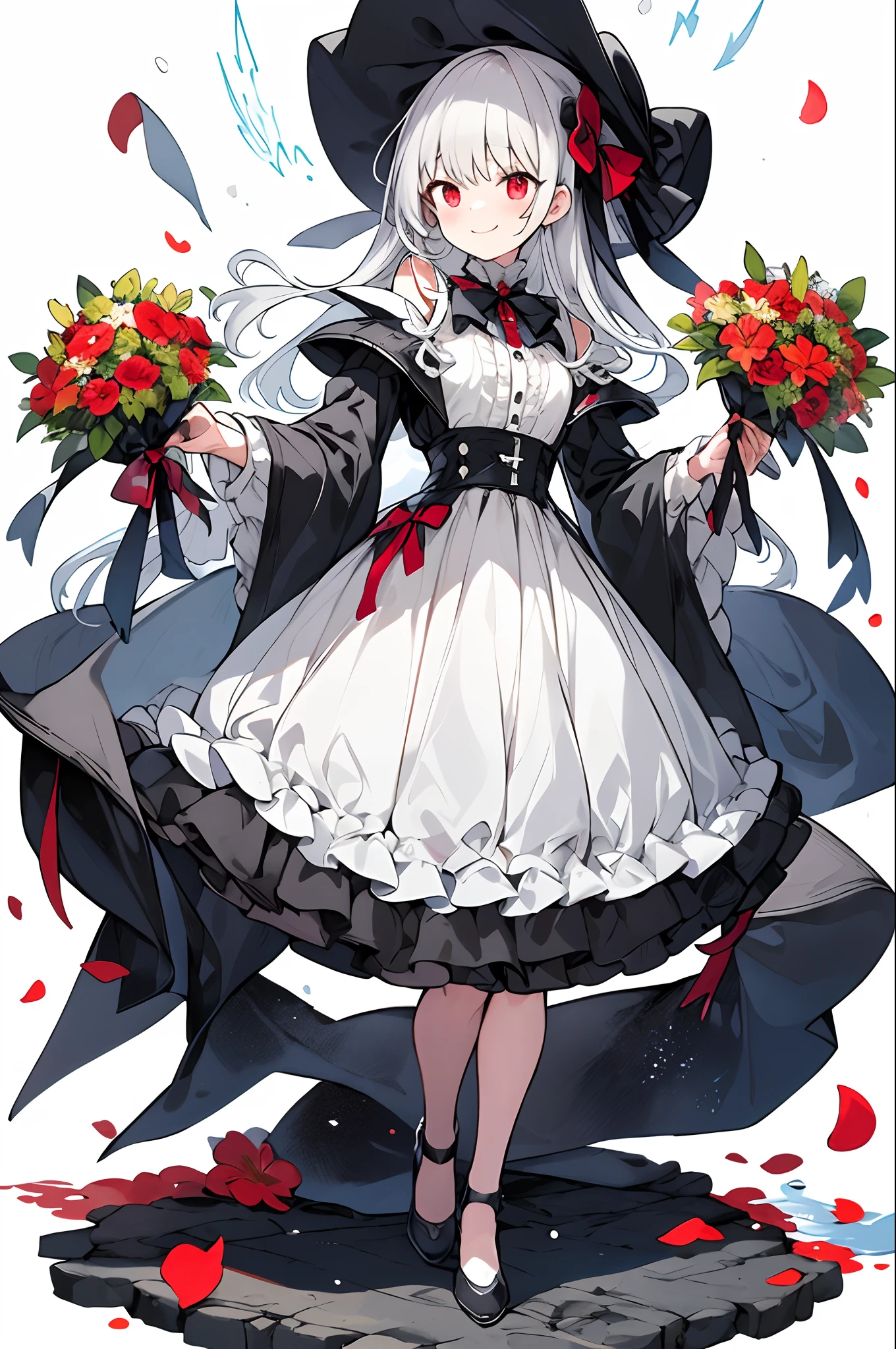 masterpiece, best quality, 1girl, solo, long_hair, looking_at_viewer, white hair, red eyes, smile, bangs, skirt, shirt, long_sleeves, hat, dress, bow, holding, closed_mouth, flower, frills, hair_flower, petals, bouquet, holding_flower, center_frills, bonnet, holding_bouquet, tachi-e, full body, white background,
