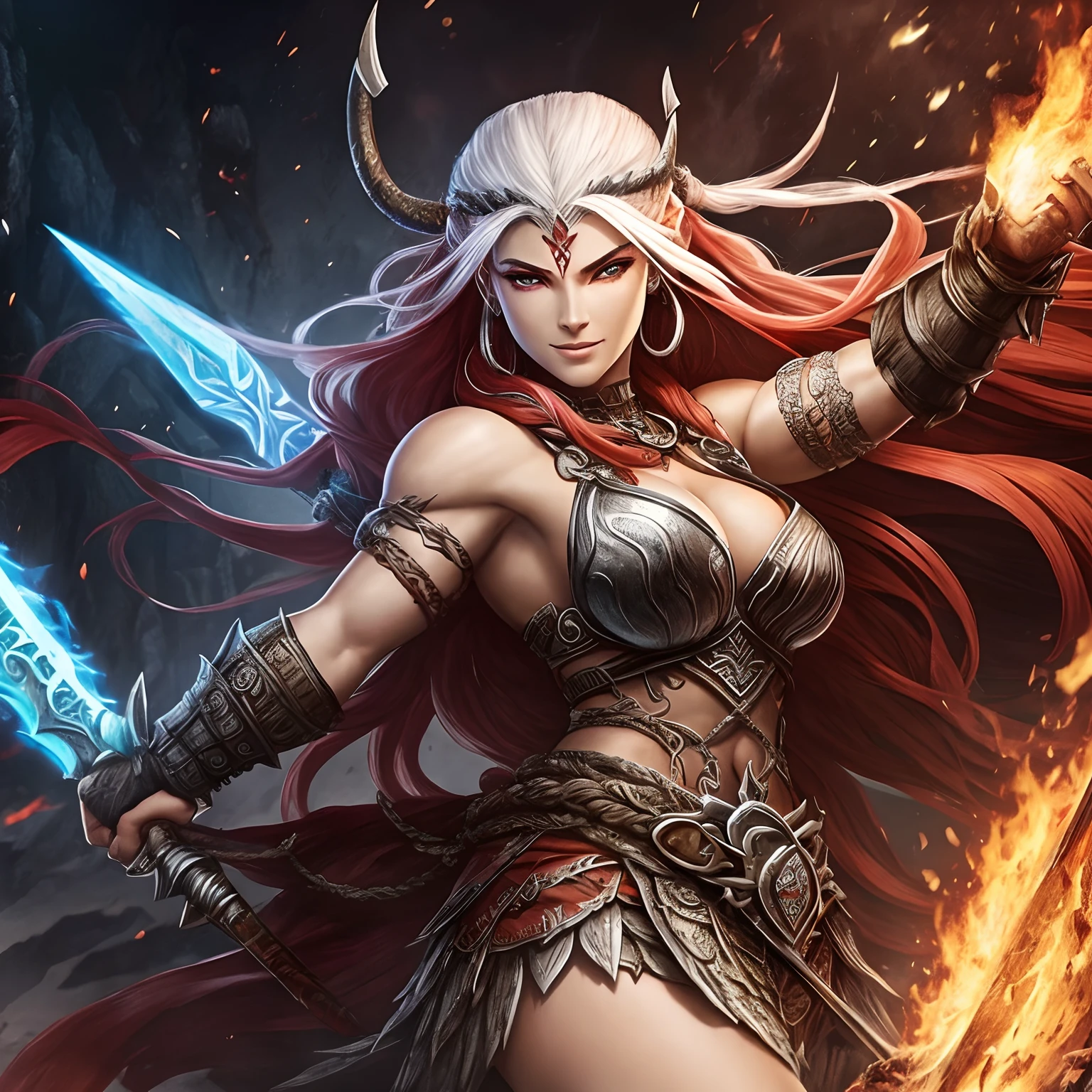 Berserker, Barbarian female anjo, Arte de Fantasia, of his gaze alone enemies beginning to panic, one head, devilish smile, besta do inferno, demonio, White Fire Sky, guerreira, com foice e escudo, lindo, Female orcs, Werelion, Long red braided hair, olhos dourados brilhantes, realista, altamente detalhados, Motor irreal, 8k de luxo