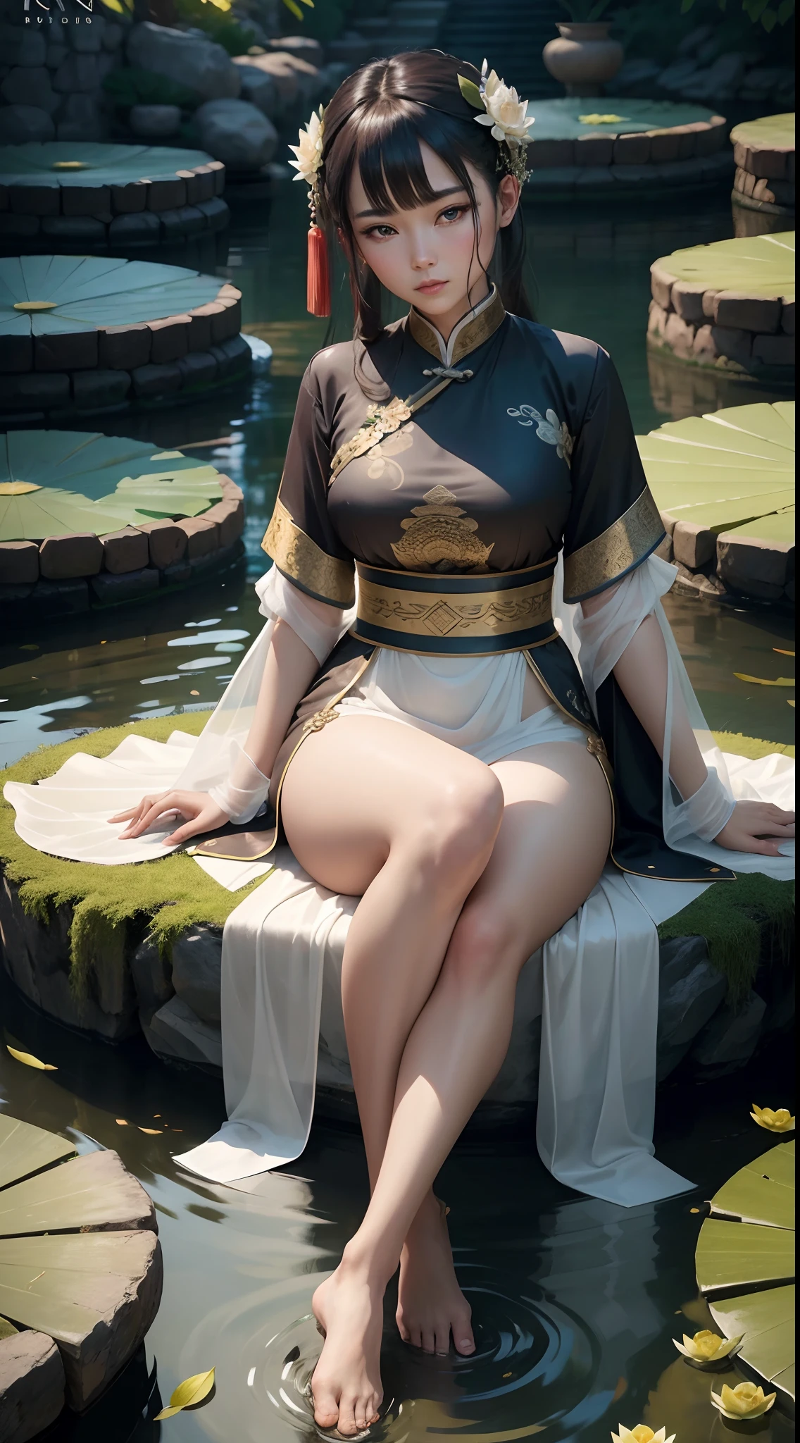 Ancient Chinese beauties sit on stones,sportrait,wearing ancient Chinese costume,Flowing tulle,Light silk,Lazy posture,large lotus leaf,lotuses,Ink painting style,very vey very detailed face,very detailed eyes and faces,beatiful detailed eyes,clean color,Decisive cut,Leave white space,impressionistic,tmasterpiece,ultra - detailed,Epic composition, high qulity, HighestQuali, 4K --v 6