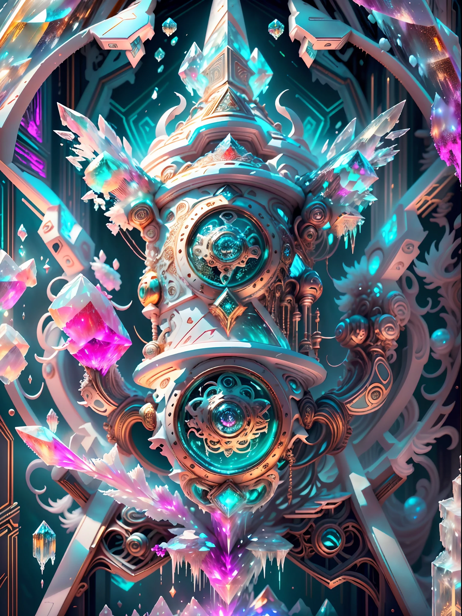 clock_realm, clock, IvoryGoldAI, fantasy, Asgard, The clock of Asgard，The bell gate of the gods in Norse mythology，(Asgardian Clock: 1.2)，((The material of the clock is made entirely of crystal and ice crystals，Transparent and white，Ice clear and jade)), (full bodyesbian，Faraway view，conceptual art, Ghibli-like colors, hyper photorealism, hyper HD, Masterpiece, ccurate, Anatomically correct, Super detail, Award-Awarded, Best quality, A high resolution, 8K，The picture is bright，Global illumination，high saturated), Mech4nim4lAI