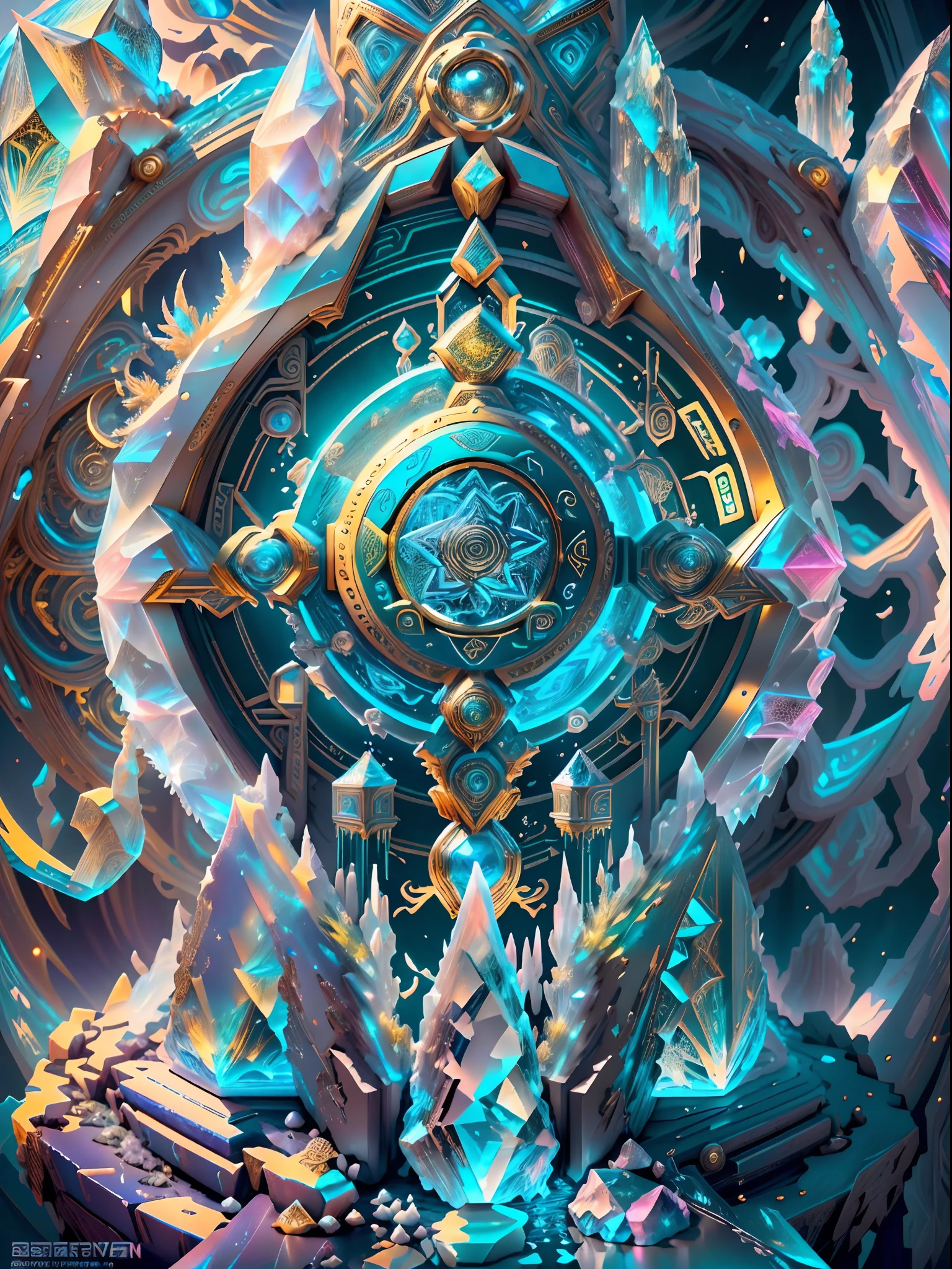 clock_realm, clock, IvoryGoldAI, fantasy, Asgard, The clock of Asgard,The bell gate of the gods in Norse mythology,(Asgardian Clock: 1.2),((The material of the clock is made entirely of crystal and ice crystals,Transparent and white,Ice clear and jade)), (full bodyesbian,Faraway view,conceptual art, Ghibli-like colors, hyper photorealism, hyper HD, Masterpiece, ccurate, Anatomically correct, Super detail, Award-Awarded, Best quality, A high resolution, 8K,The picture is bright,Global illumination,high saturated), Mech4nim4lAI