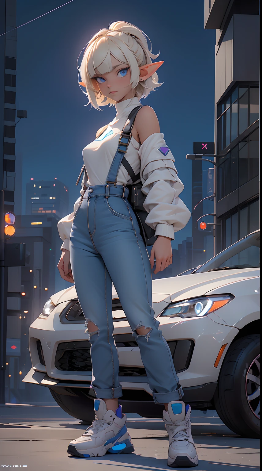 (1elf girl), (beauty elf girl), ((ultra-high picture quality)), masterpieces, She's dressed in a trendy techwear outfit, perhaps a stylish jacket and jeans, with comfortable sneakers. She stands casually in a city park, with the sun casting long shadows as it sets behind the character. The warm, fading sunlight bathes the scene in hues of orange and purple, creating a tranquil ambiance. Capture the silhouette of the character against the backdrop of the dimming sky, highlighting the subtle details of the surrounding landscape as it transitions from day to night. She carries the confident air of someone who's both strong and agile. perfect body, overalls, light smile, fresh, (asymmetrical bangs:1.3), TopKnot hair, short hair, highly detailed face and eyes, Perfect lips, (white blonde hair, Deep Blue Eyes:1.2), cyberpunk, sci-fi, (tech wear is pinky colour), digital art, Aesthetic, Backlighting, by Yusuke Murata.