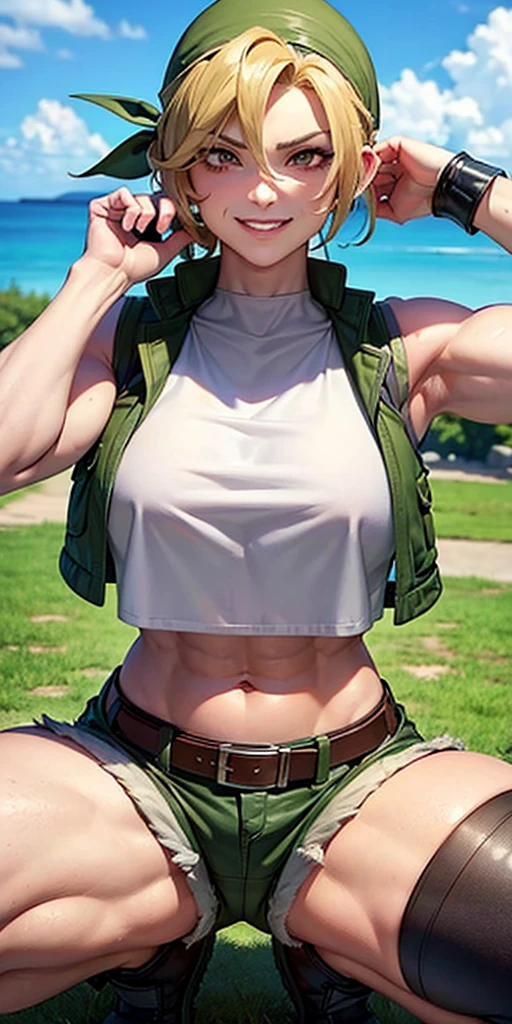 masterpiece, best quality, outdoors, on grass, grass,
cosmieyes, reflection, brown eyes, colored eyelashes, eyelashes,
eridef, 1girl, solo, looking at viewer, blonde hair, vest, bandana, breasts, shorts, navel, midriff, crop top, belt, short shorts, hat, knee pads, large breasts, abs, muscular, smug, muscular arms, muscular, very muscular, very muscular arms, large muscles, super muscular, huge breasts, giant breasts, gigantic breasts, slim waist, muscular midriff, smug, smirk, evil grin, goth, fishnets, dark clothes, black clothes, black lipstick