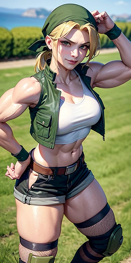 masterpiece, best quality, outdoors, on grass, grass,
cosmieyes, reflection, brown eyes, colored eyelashes, eyelashes,
eridef, 1girl, solo, looking at viewer, blonde hair, vest, bandana, breasts, shorts, navel, midriff, crop top, belt, short shorts, hat, knee pads, large breasts, abs, muscular, smug, muscular arms, muscular, very muscular, very muscular arms, large muscles, super muscular, huge breasts, giant breasts, gigantic breasts, slim waist, muscular midriff, smug, smirk, evil grin, goth, fishnets, dark clothes, black clothes, black lipstick